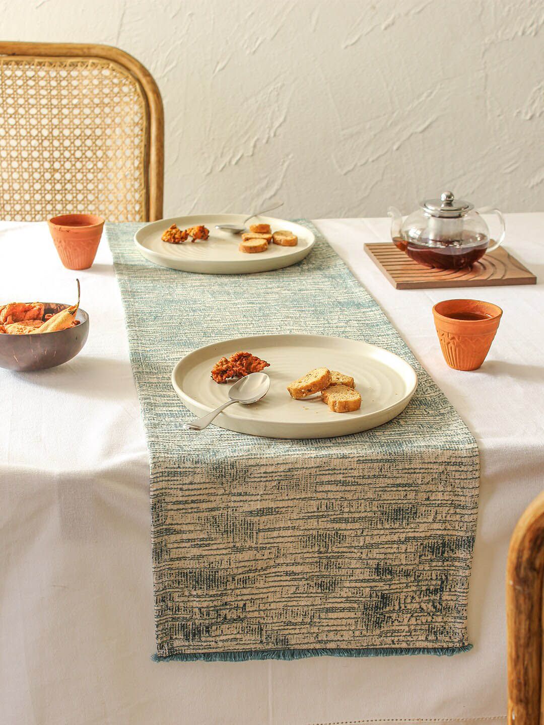 House This Blue & Beige Self Design Cotton Rectangular Table Runner Price in India