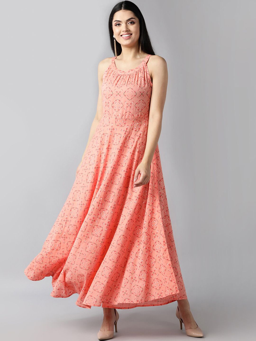 AHIKA Peach-Coloured Halter Neck Maxi Dress Price in India