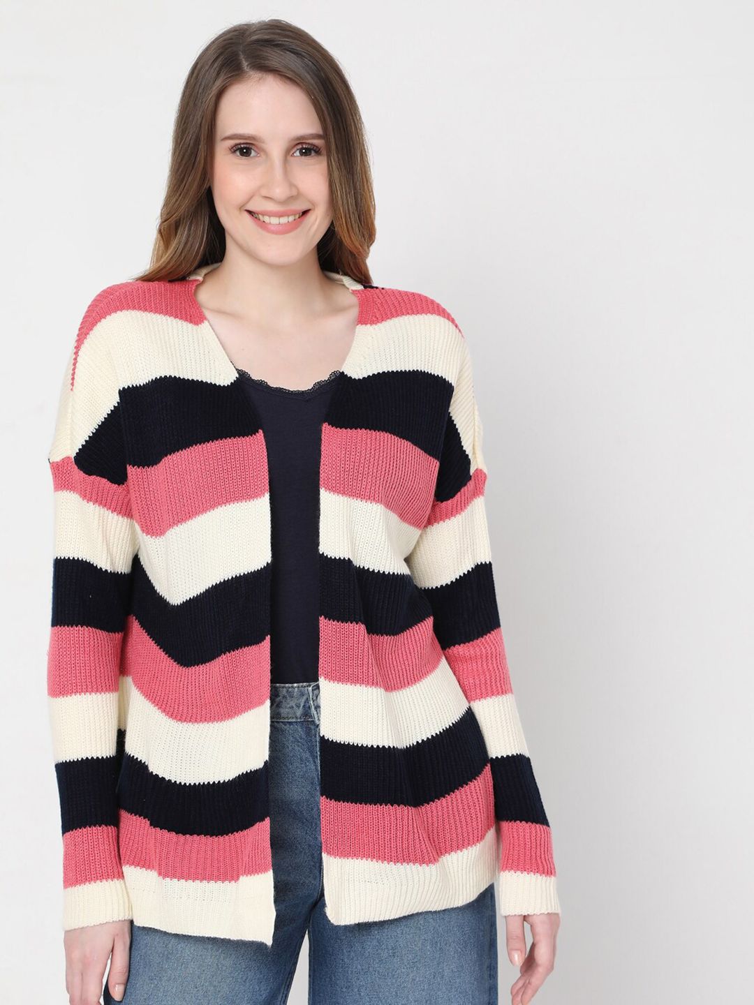 Vero Moda Women Pink & White Striped Acrylic Shrug Price in India