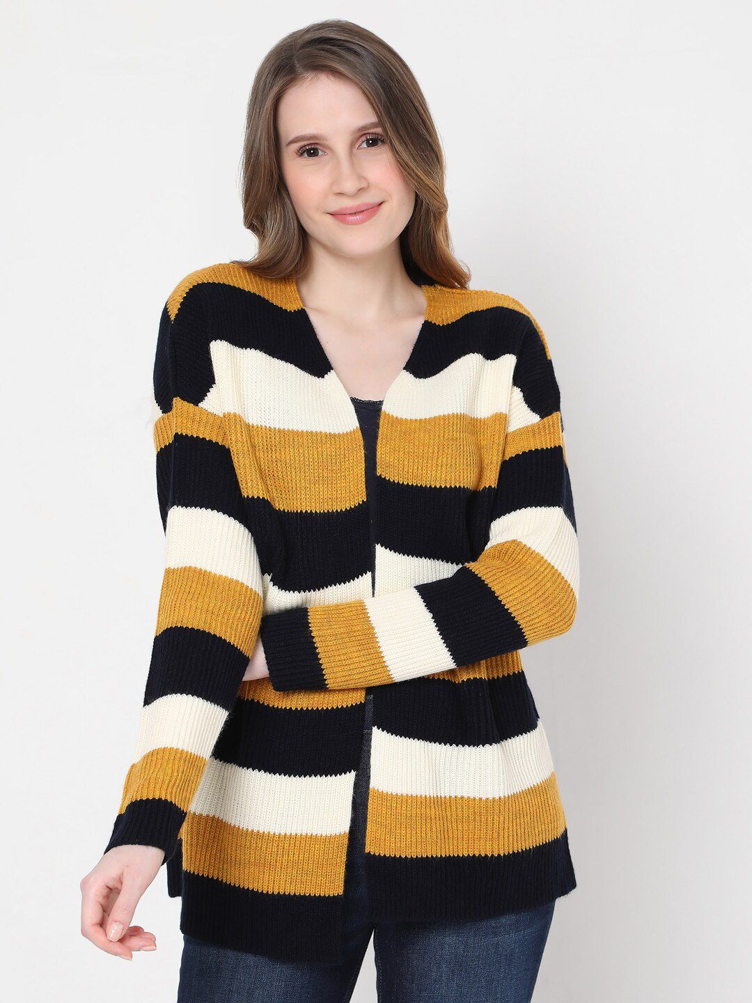 Vero Moda Women Brown & White Striped Acrylic Sweater Price in India