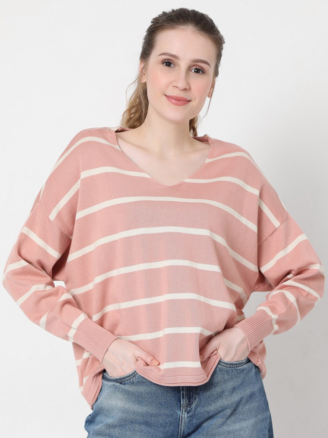 Vero Moda Women Pink & White Striped Pullover Price in India