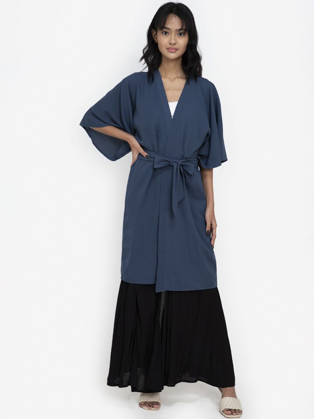 ZALORA BASICS Women Blue Longline Kimono Jacket with Sash Price in India