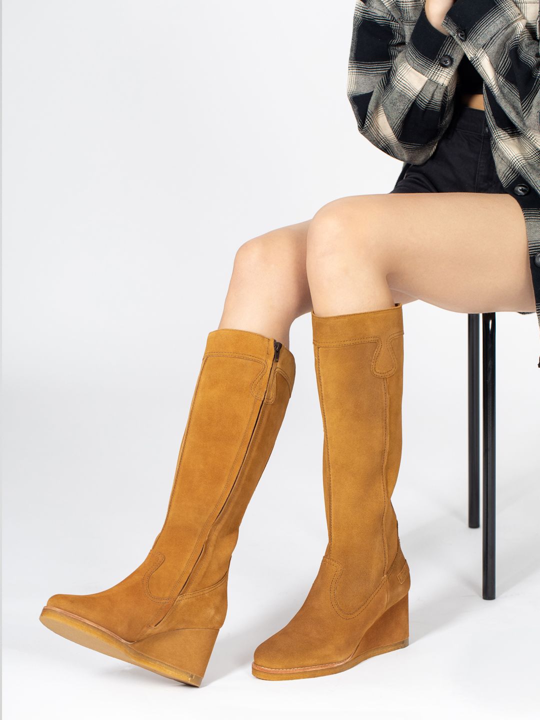 Saint G Tan Camel Brown Suede Leather Knee High Wedge Heel Boots Price in India