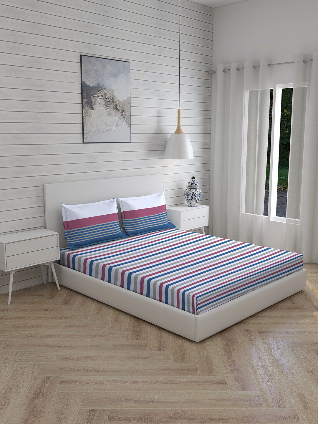 Layers Blue & Pink Striped 104 TC Queen Bedsheet with 2 Pillow Covers Price in India