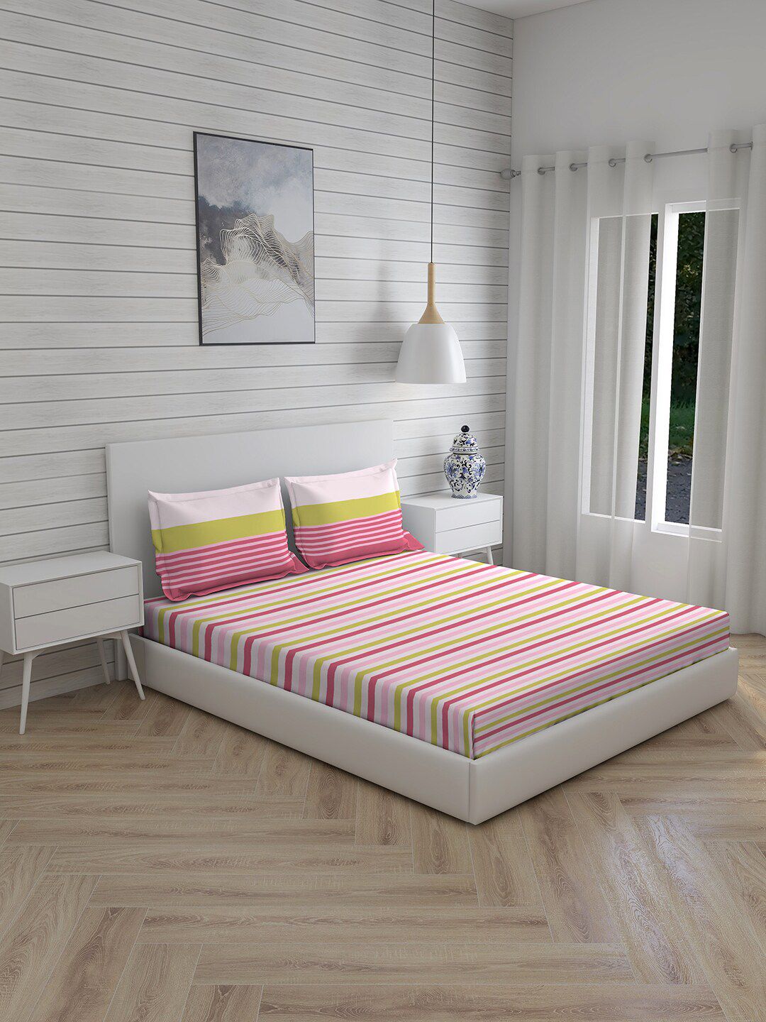 Layers Pink & Yellow Striped 104 TC Queen Bedsheet with 2 Pillow Covers Price in India