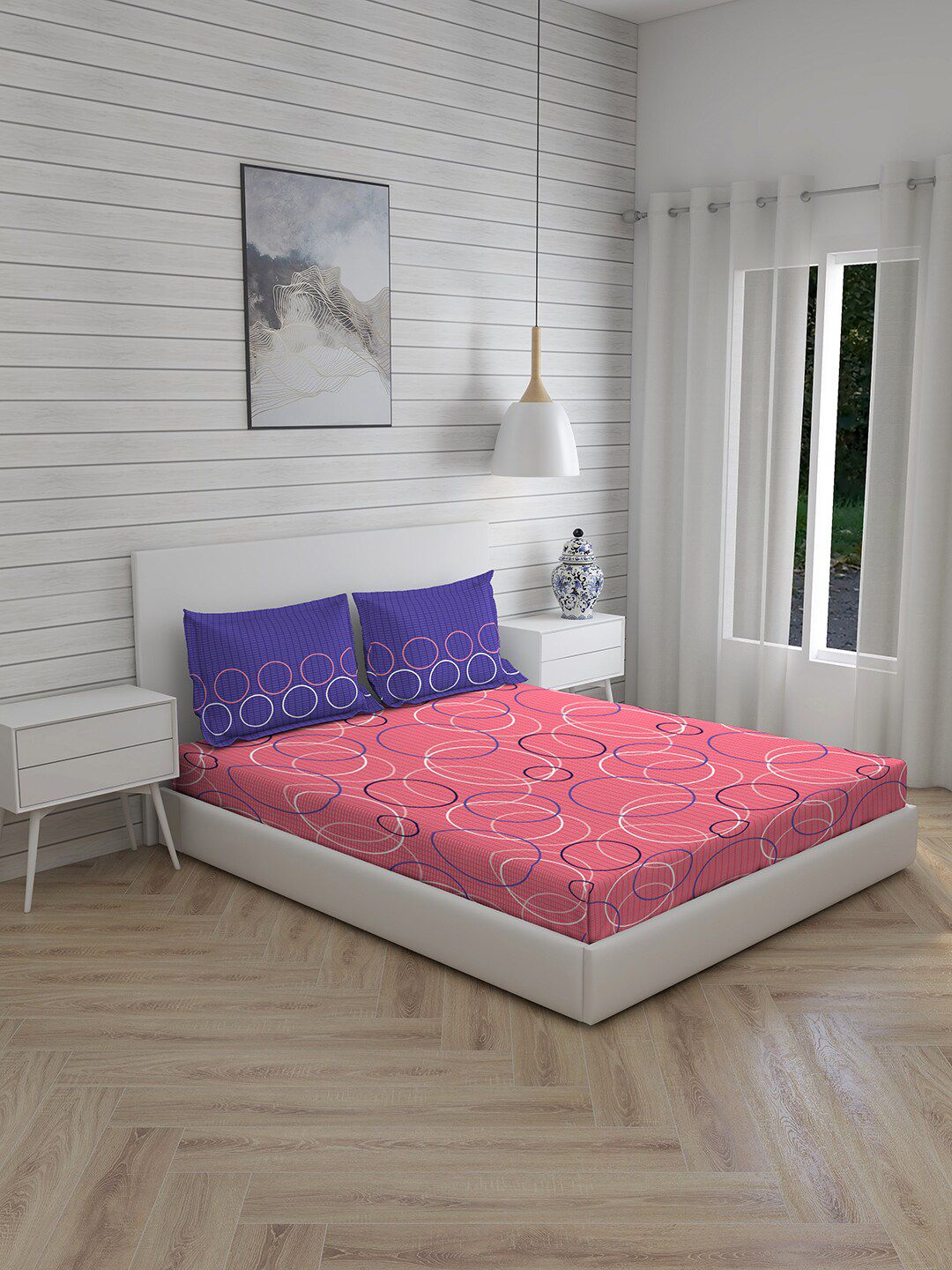 Layers Pink & Blue Geometric 104 TC Queen Bedsheet with 2 Pillow Covers Price in India