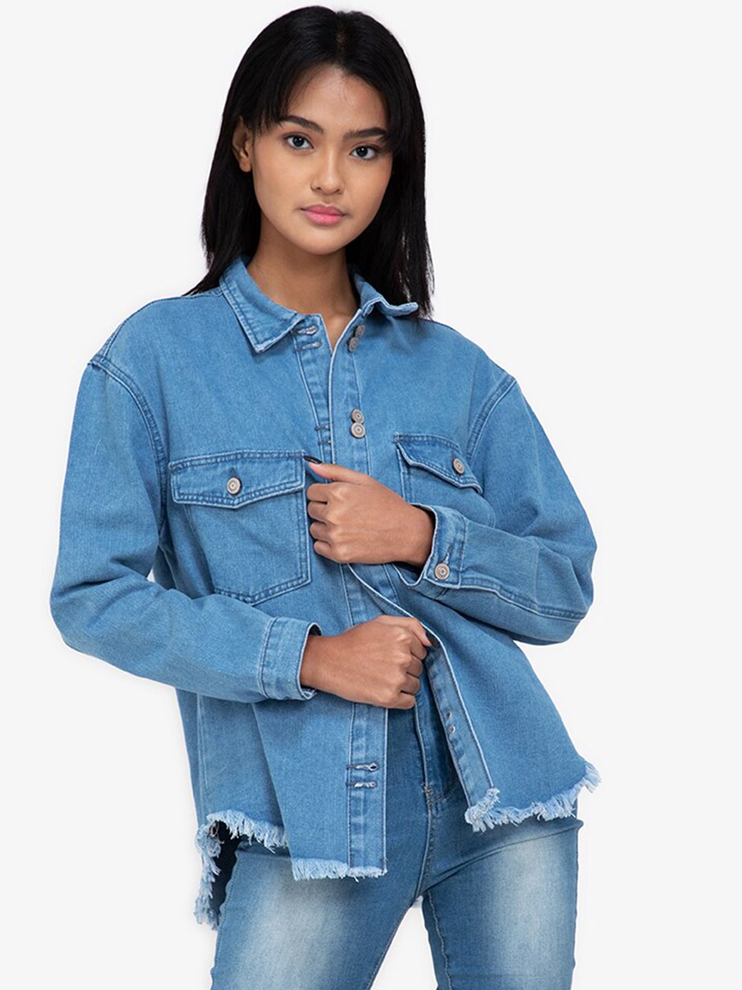 ZALORA BASICS Women Blue Washed Longline Denim Jacket Price in India