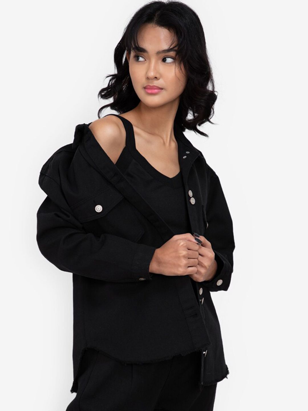 ZALORA BASICS Women Black Flap Pocket Split Raw Hem Denim Jacket Price in India