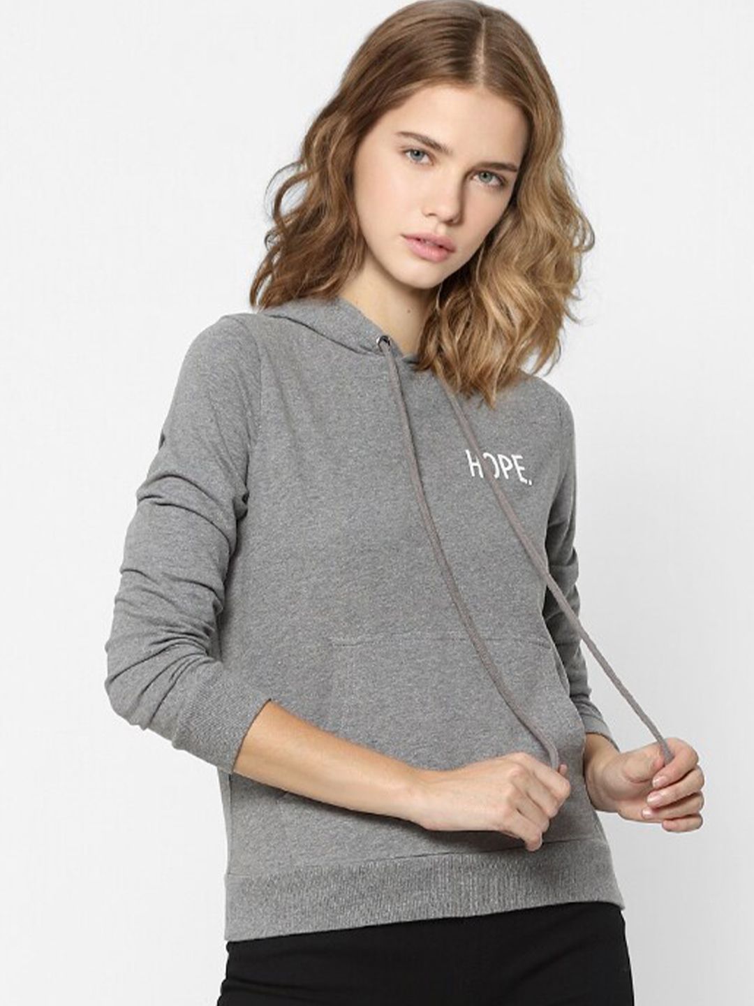 ONLY Women Grey Melange Hooded Sweatshirt Price in India