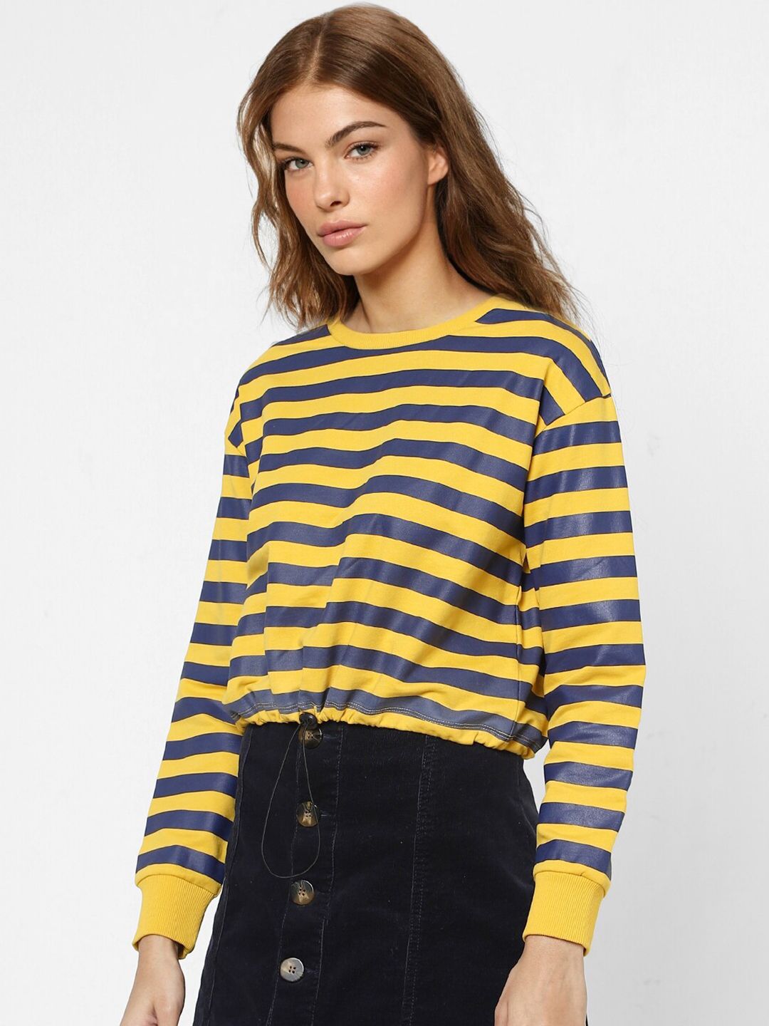 ONLY Women Yellow & Navy Blue Striped Cotton Sweatshirt Price in India