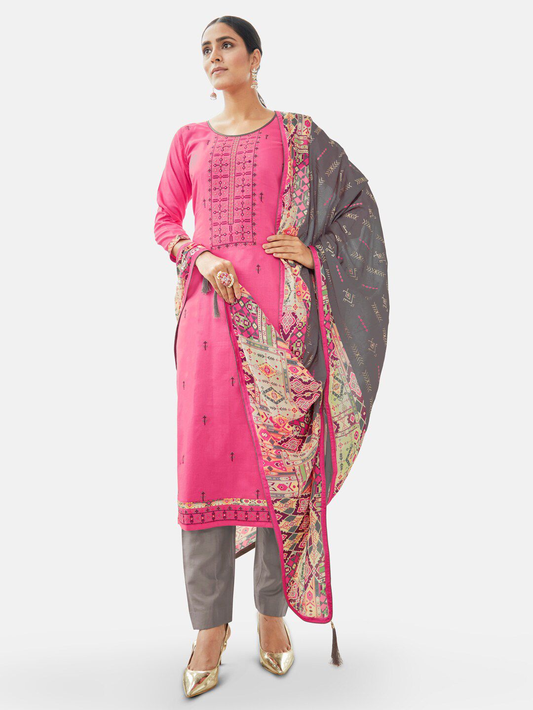 Kvsfab Women Pink Cotton Embroidered Unstitched Dress Material Price in India