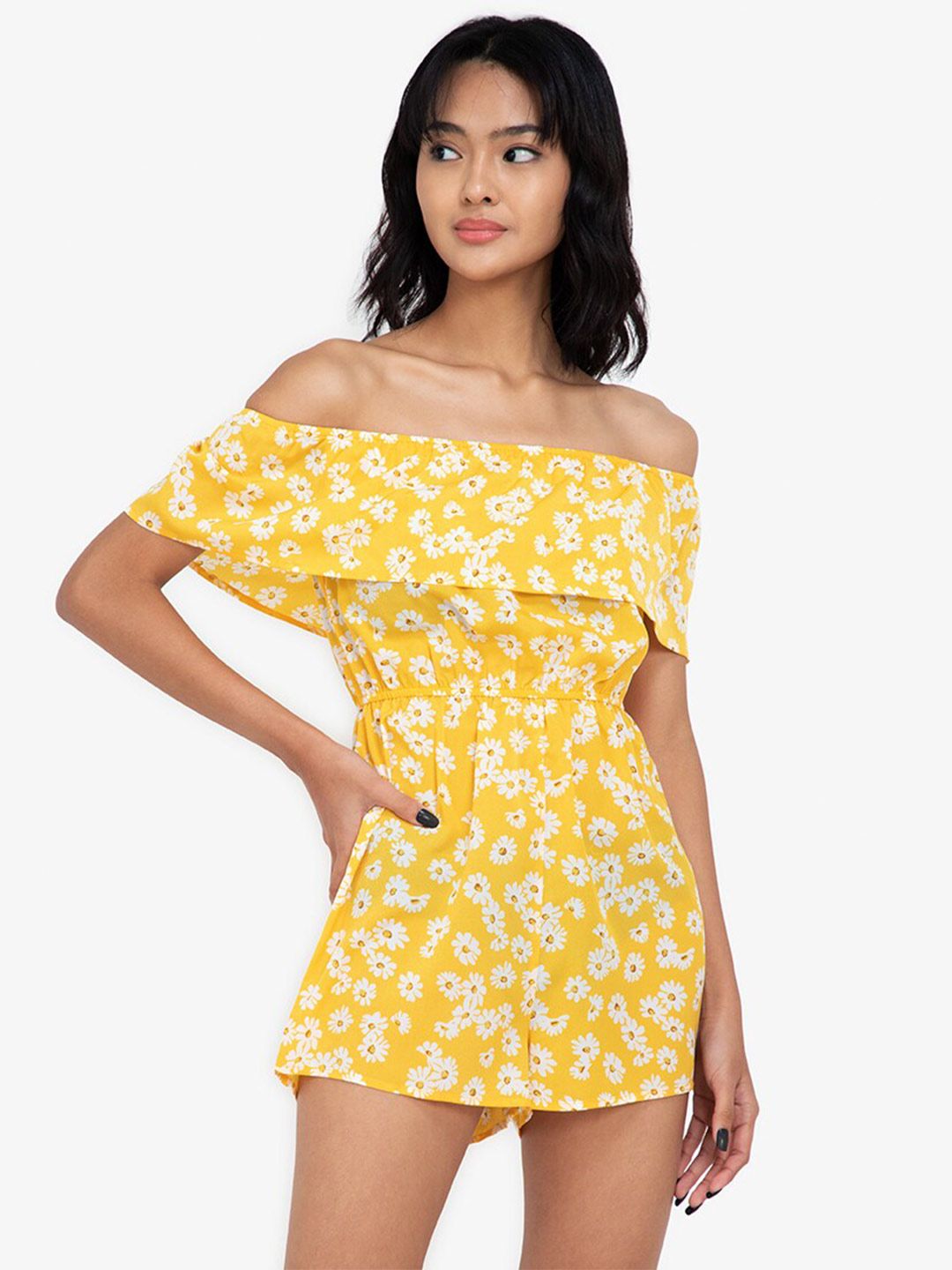 ZALORA BASICS Yellow & White Off-Shoulder Printed Jumpsuit Price in India