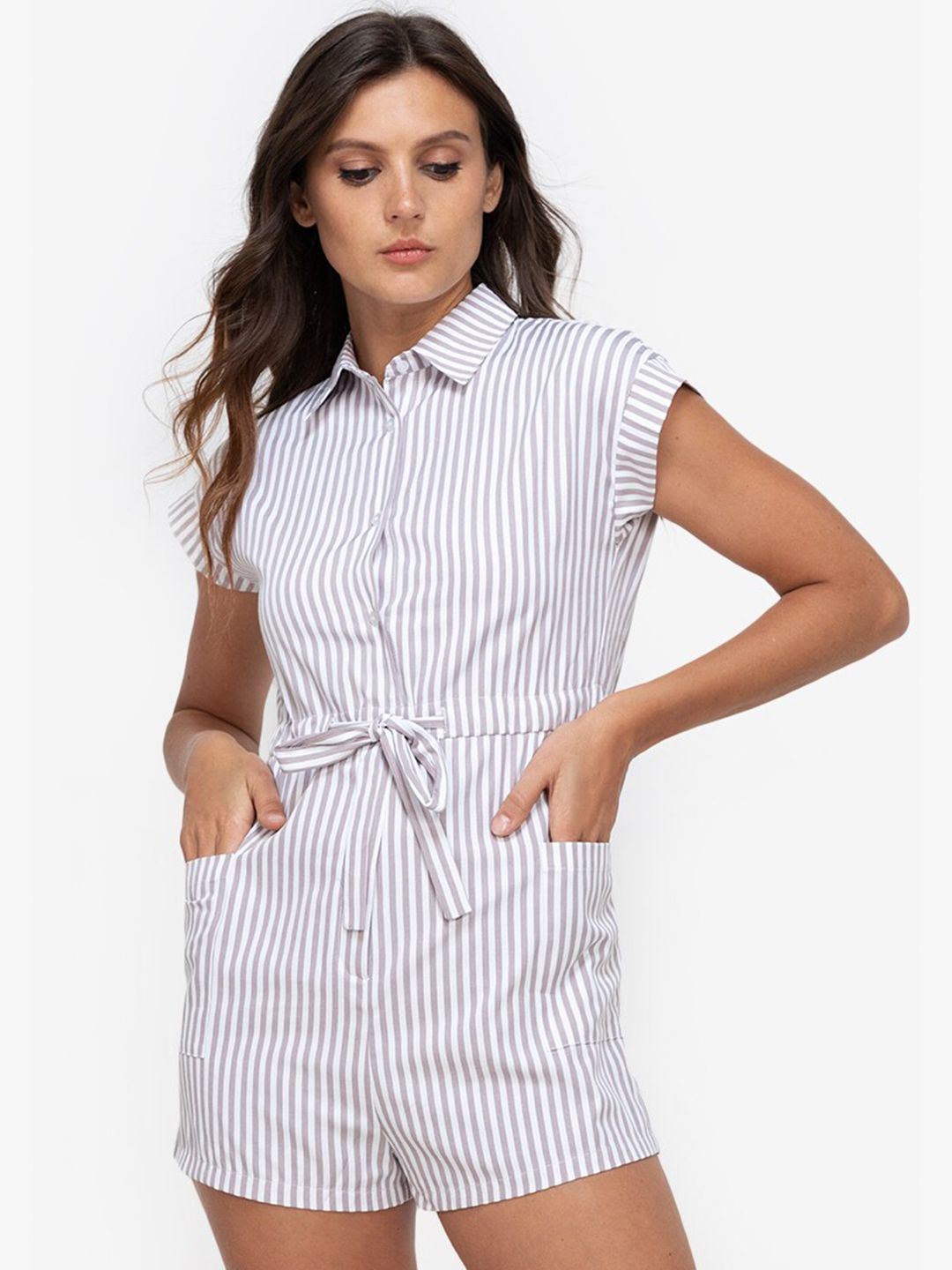 ZALORA BASICS White & Grey Striped Playsuit Price in India