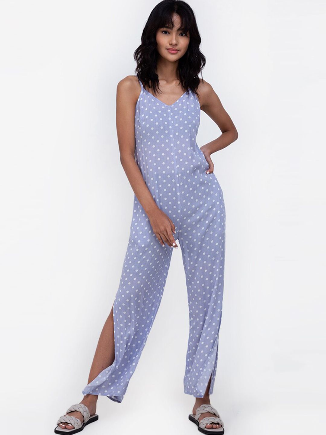 ZALORA BASICS Women Blue & White Polka Dots Printed Jumpsuit with Side Slit Price in India