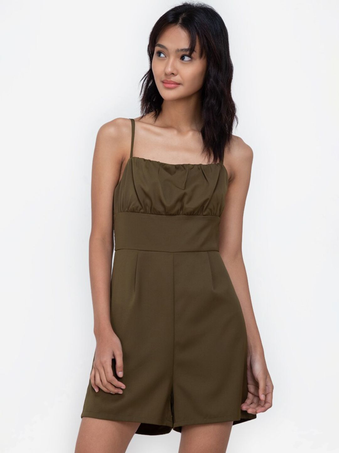 ZALORA BASICS Green Ruched Detail Playsuit Price in India