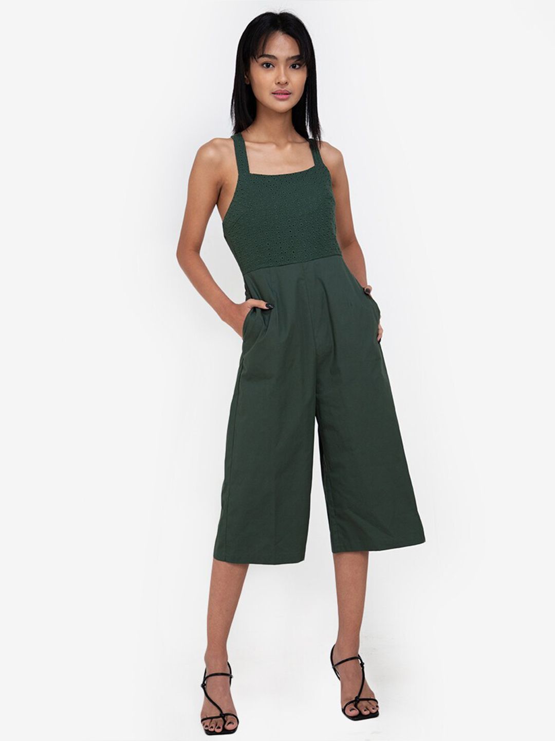 ZALORA BASICS Green Pure Cotton Eyelet Culotte Jumpsuit Price in India