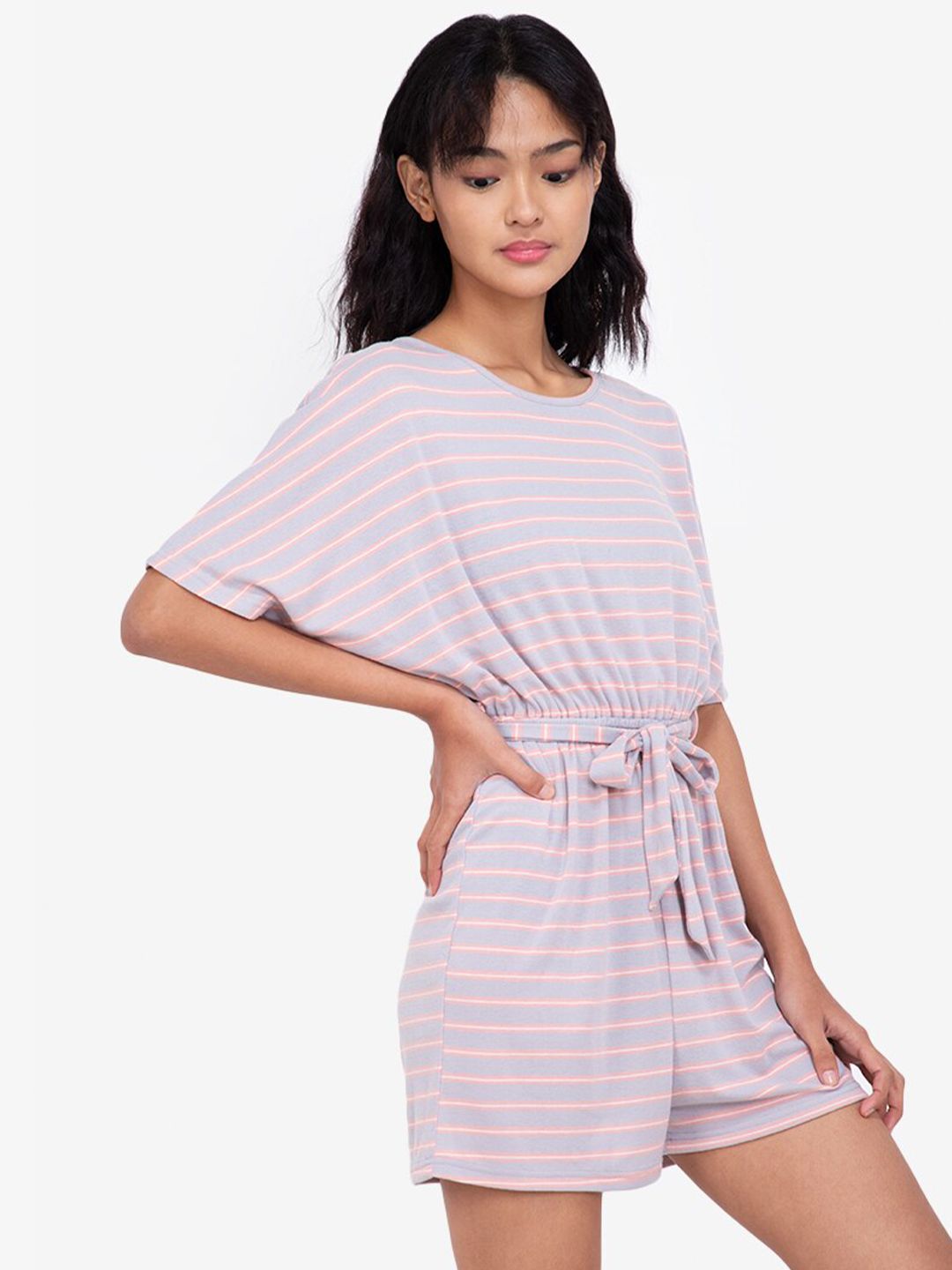 ZALORA BASICS Pink & Grey Striped Rib Batwing Playsuit Price in India