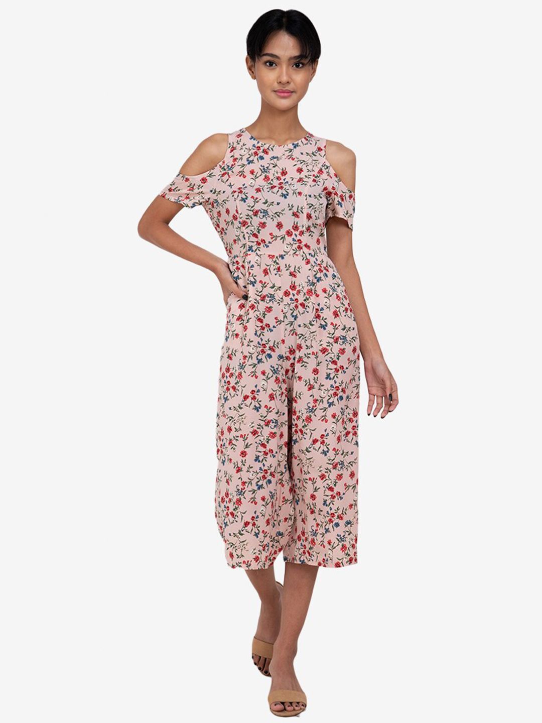 ZALORA BASICS Pink & Red Floral Printed Cold-Shoulder Sleeves Culotte Jumpsuit Price in India