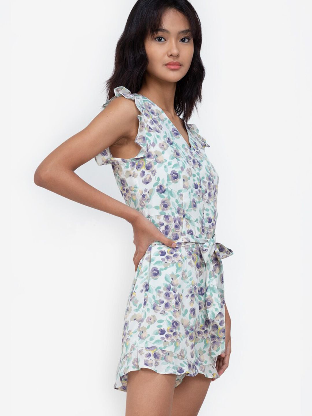 ZALORA BASICS White & Green Printed Flutter Sleeve Wrap Playsuit Price in India