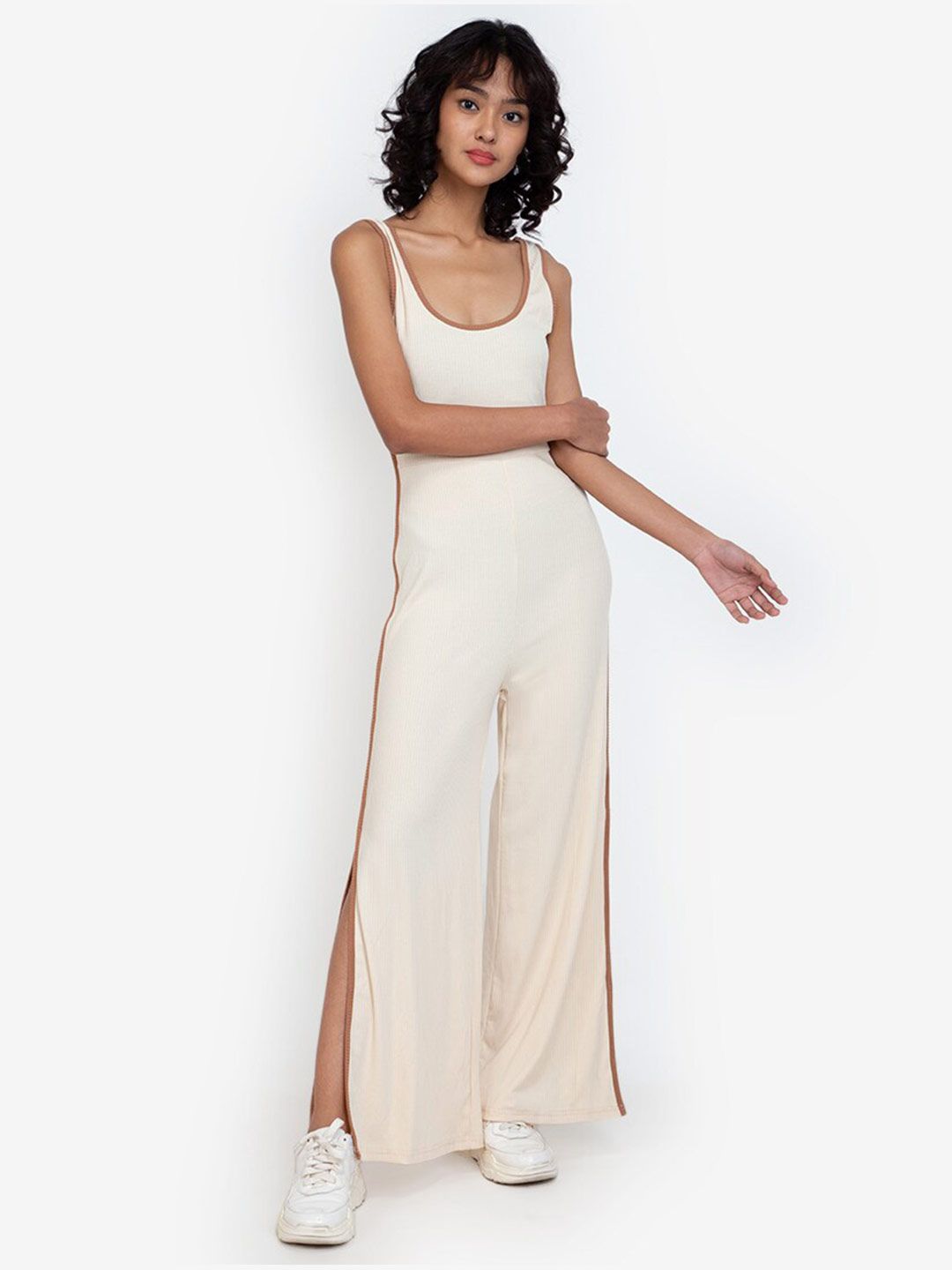 ZALORA BASICS Women Beige Solid Jumpsuit with Side Slits Price in India