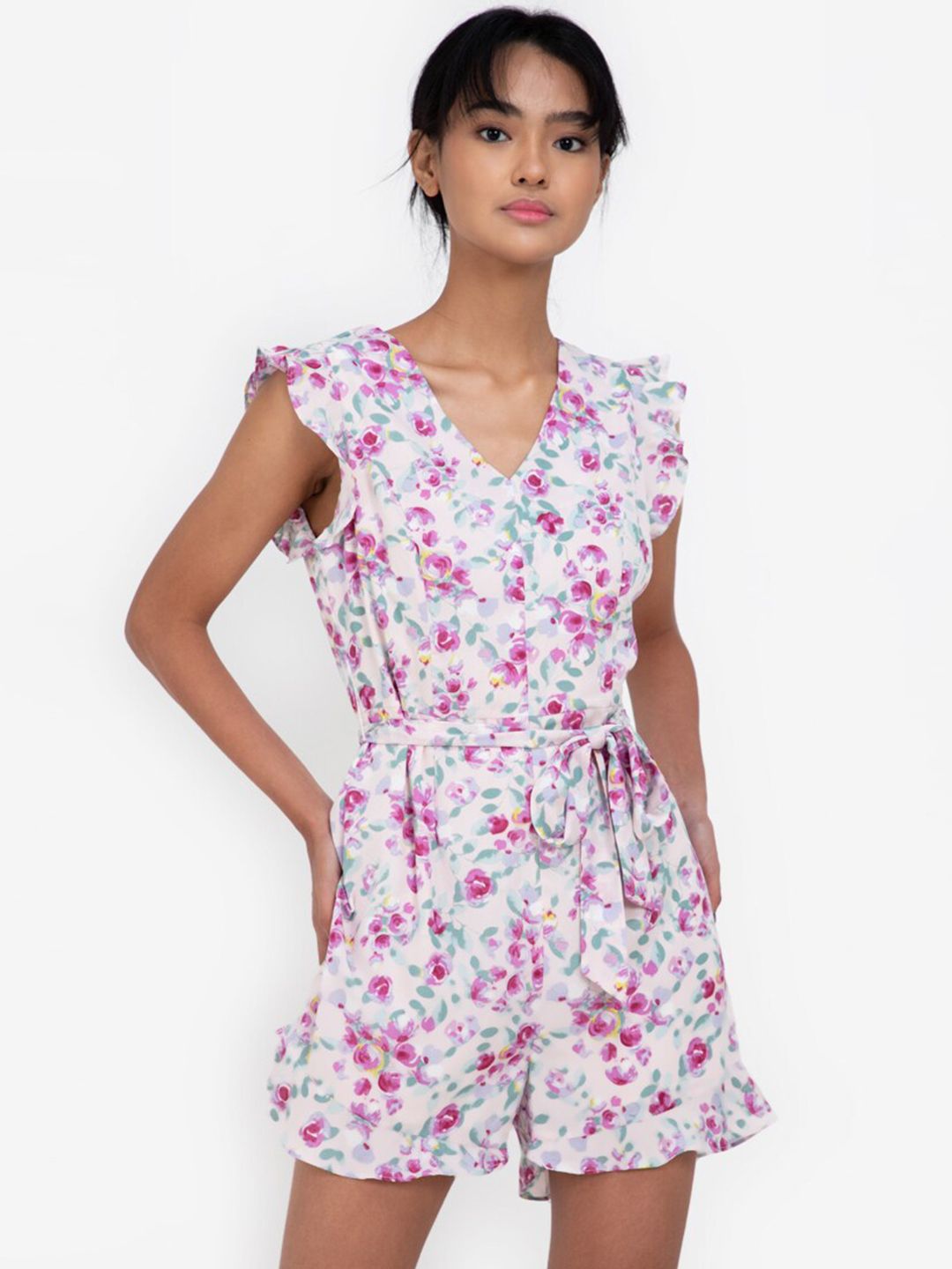 ZALORA BASICS White & Pink Floral Printed Flutter Sleeves Playsuit Price in India