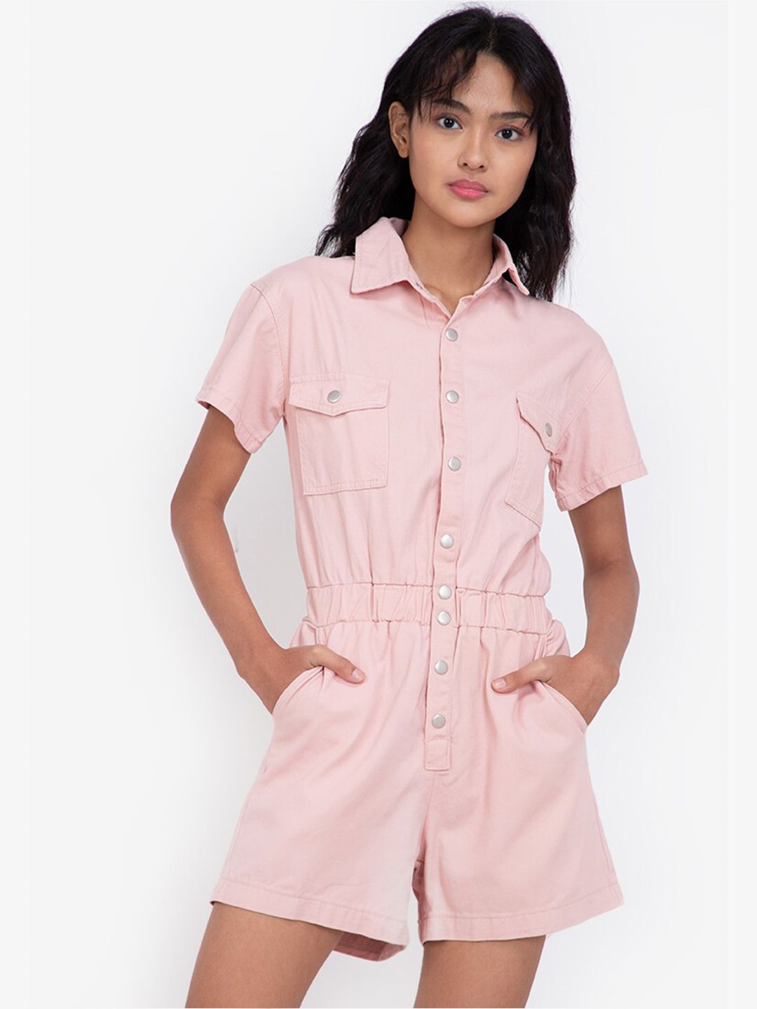 ZALORA BASICS Pink Roll Sleeve Utility Denim Playsuit Price in India