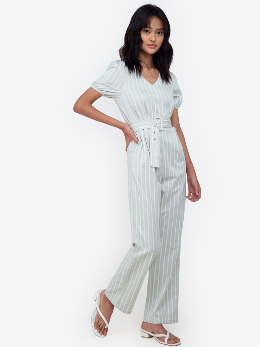 ZALORA BASICS Grey & White Striped Basic Jumpsuit Price in India