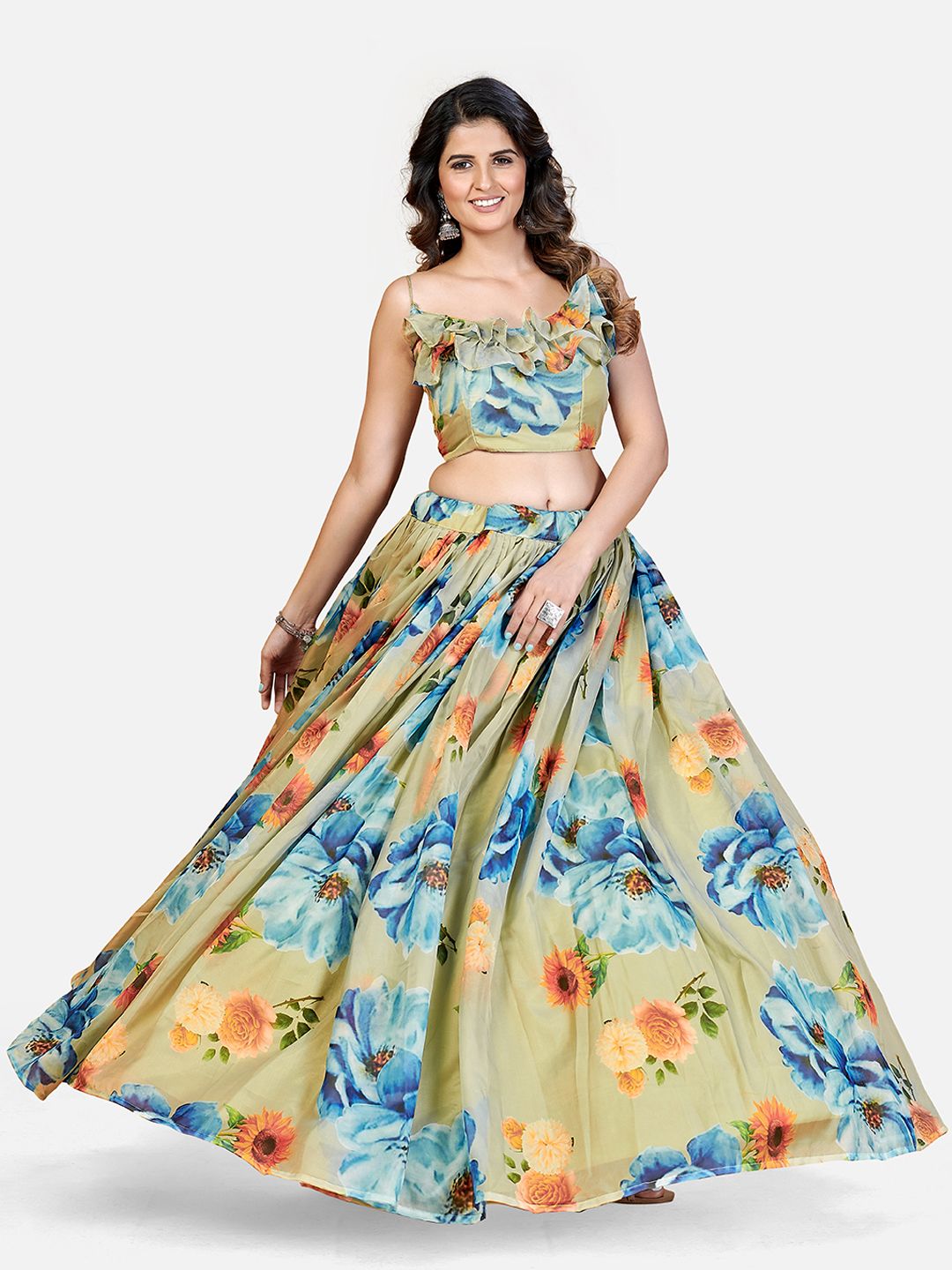 SHOPGARB Sea Green & Blue Printed Semi-Stitched Lehenga & Unstitched Blouse With Dupatta Price in India