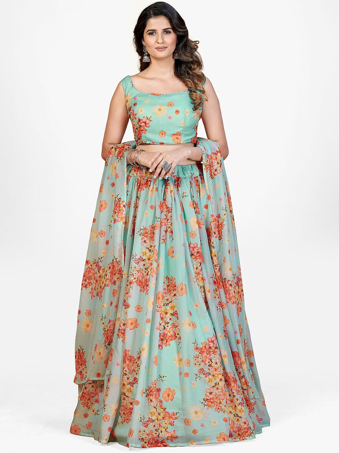 SHOPGARB Sea Green & Red Printed Semi-Stitched Lehenga & Unstitched Blouse With Dupatta Price in India