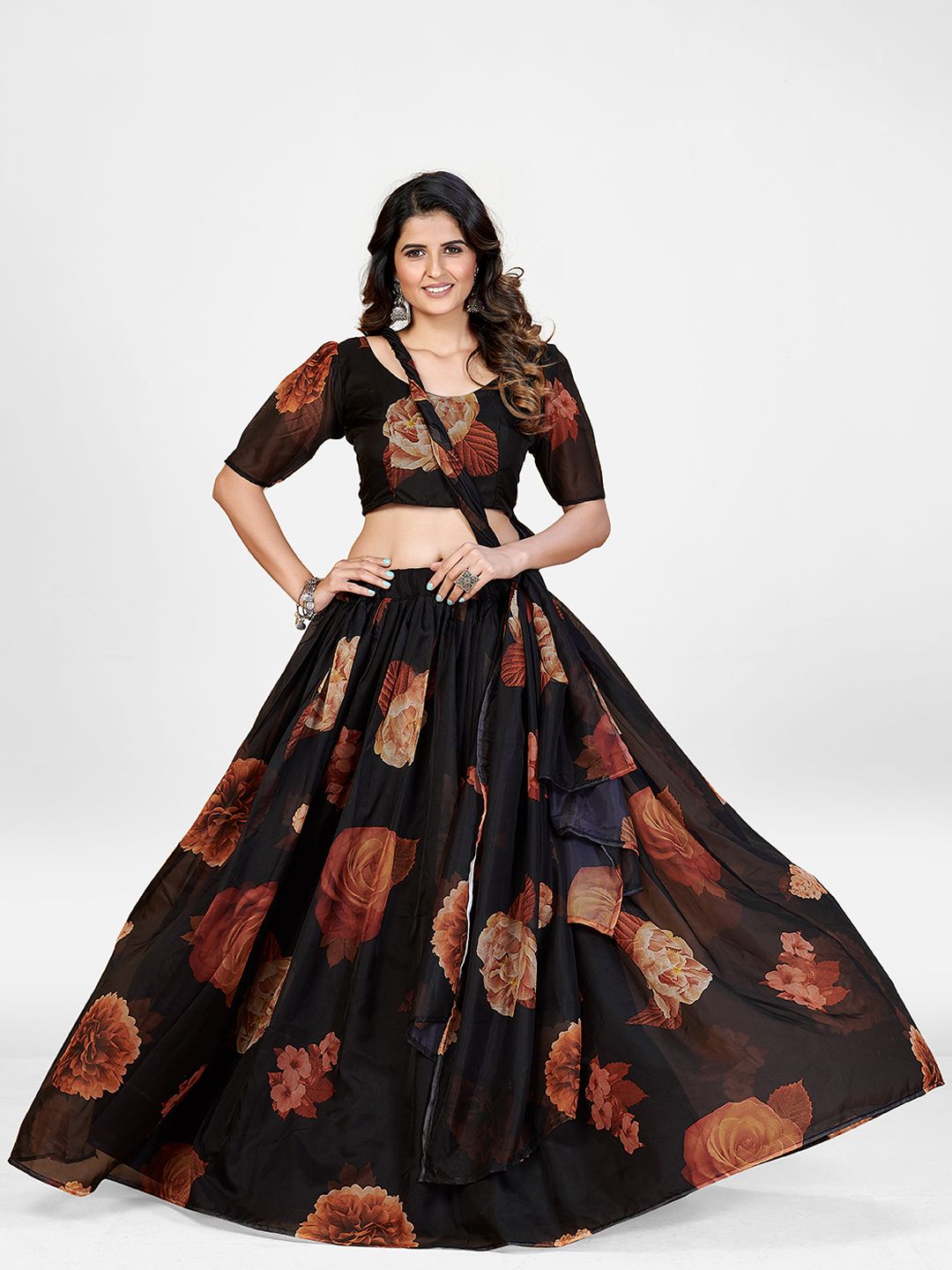 SHOPGARB Black & Brown Printed Semi-Stitched Lehenga & Unstitched Blouse With Dupatta