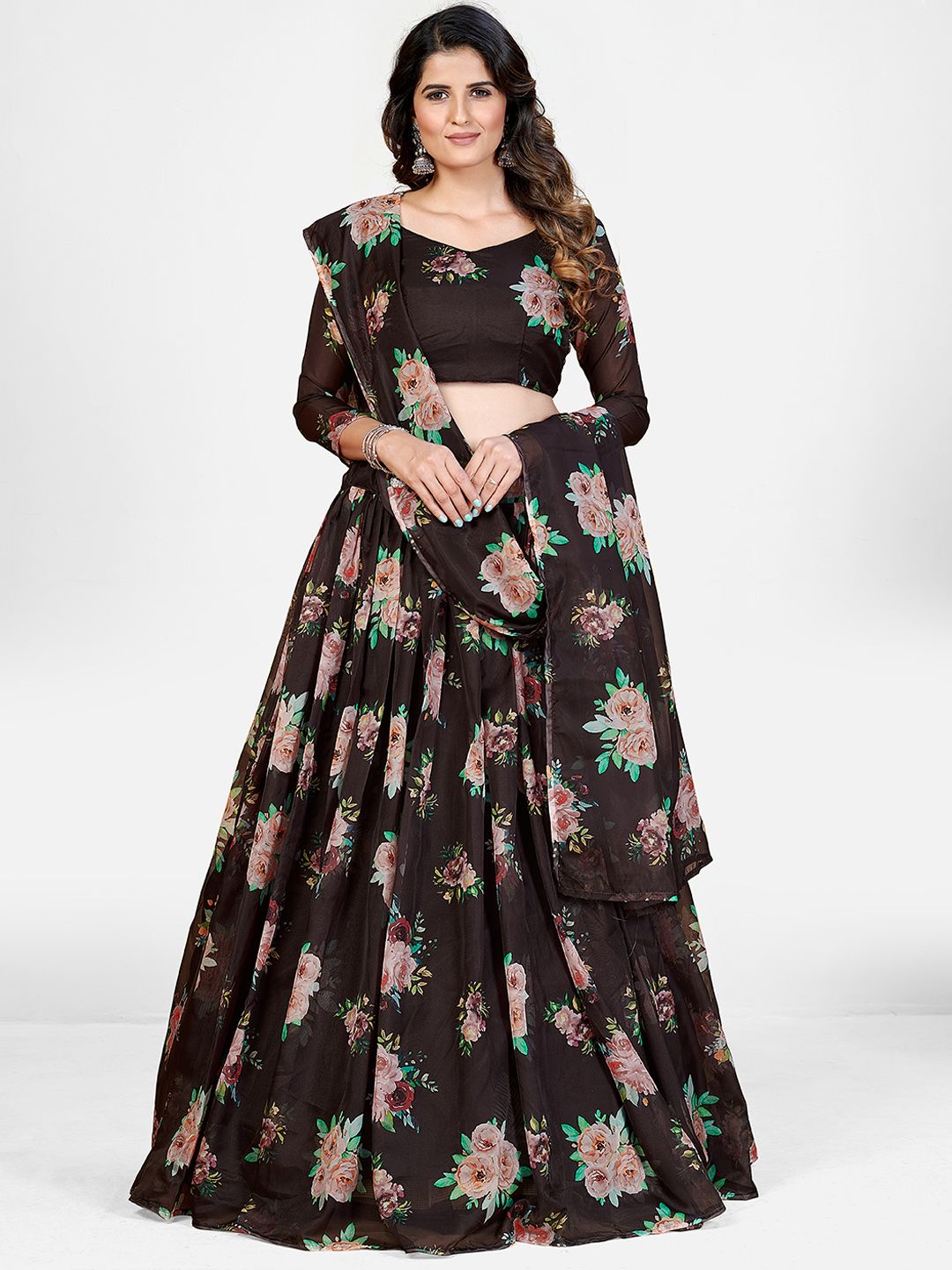 SHOPGARB Brown & Pink Printed Semi-Stitched Lehenga & Unstitched Blouse With Dupatta Price in India