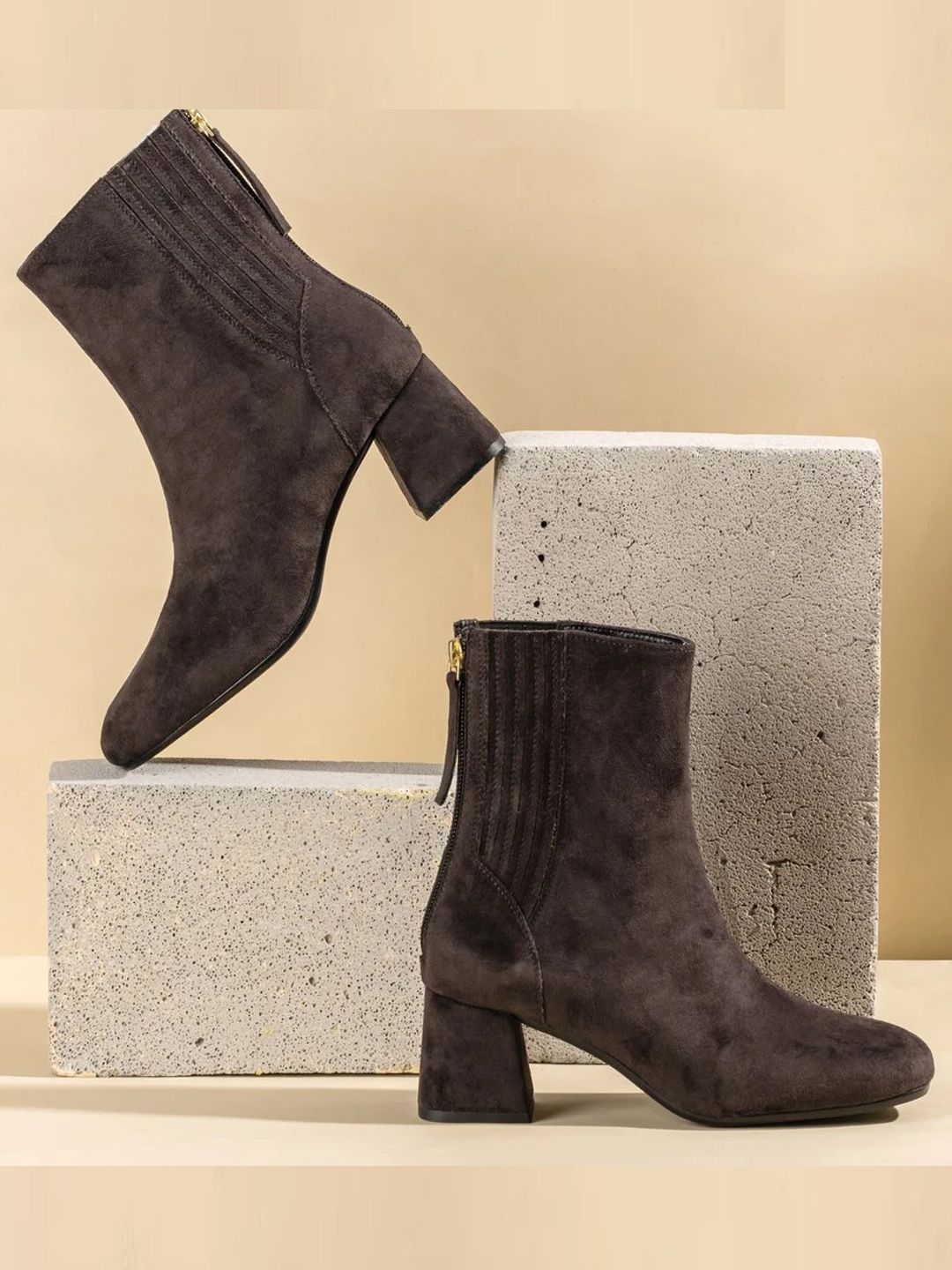 Saint G Women Grey Suede Leather Block Heel Boots Price in India