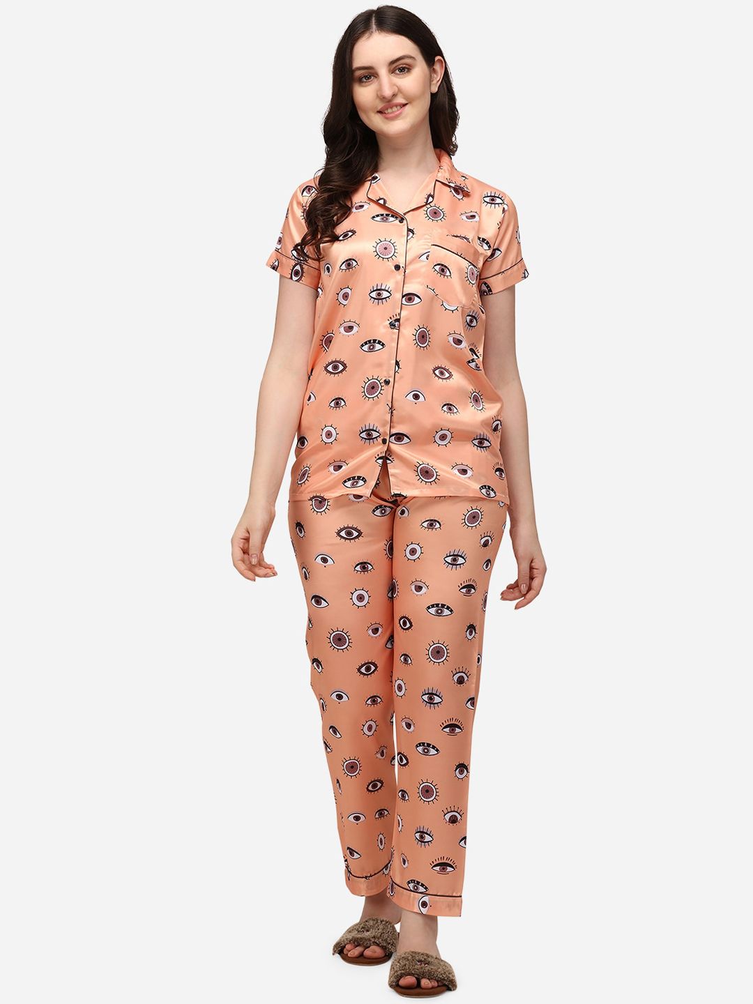 House of JAMMIES Women Beige & White Printed Satin Night suit Price in India