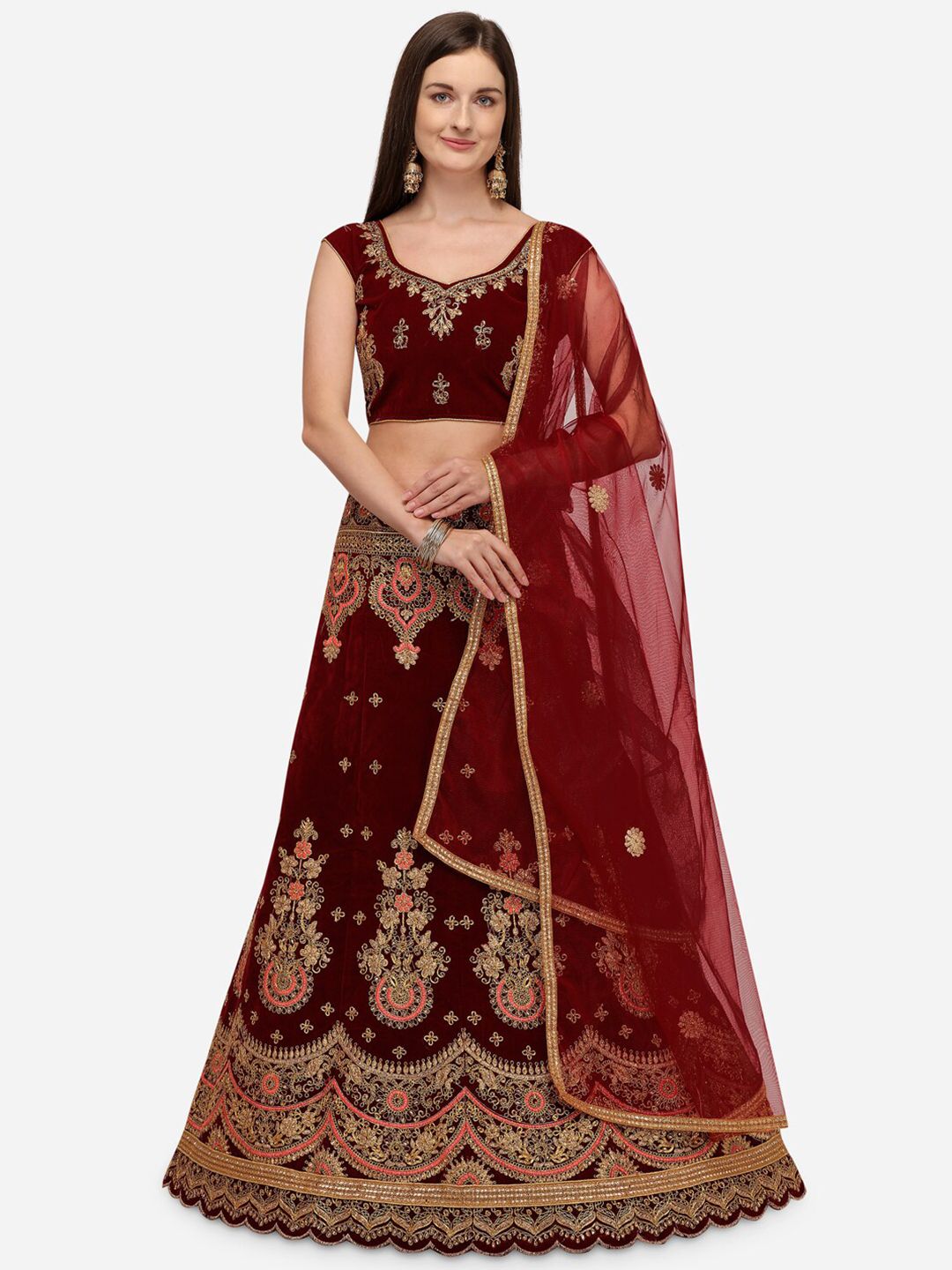 Rajesh Silk Mills Maroon & Gold-Toned Embroidered Semi-Stitched Lehenga & Unstitched Blouse With Dupatta Price in India