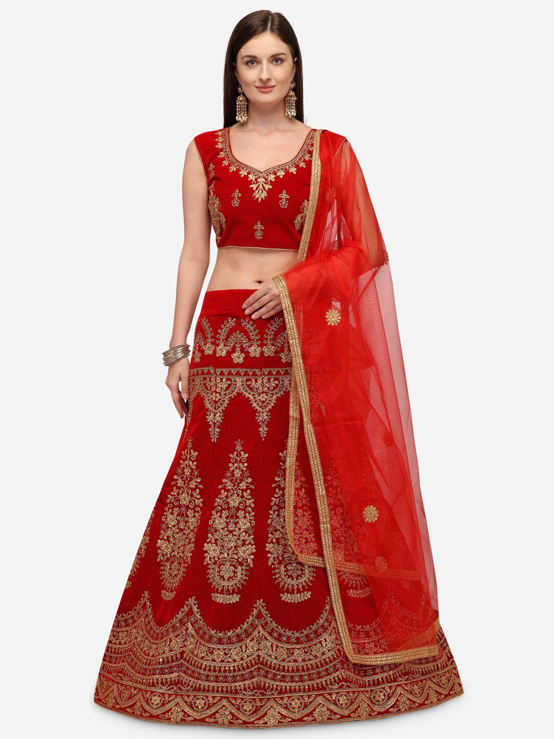 Rajesh Silk Mills Red & Gold Embroidered Semi-Stitched Lehenga Set Price in India