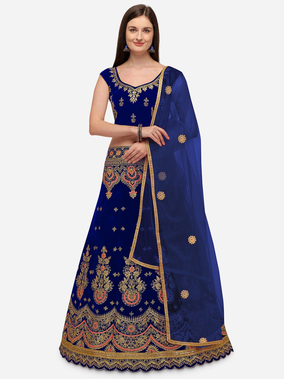 Rajesh Silk Mills Blue & Gold-Toned Embroidered Semi-Stitched Lehenga & Unstitched Blouse With Dupatta Price in India