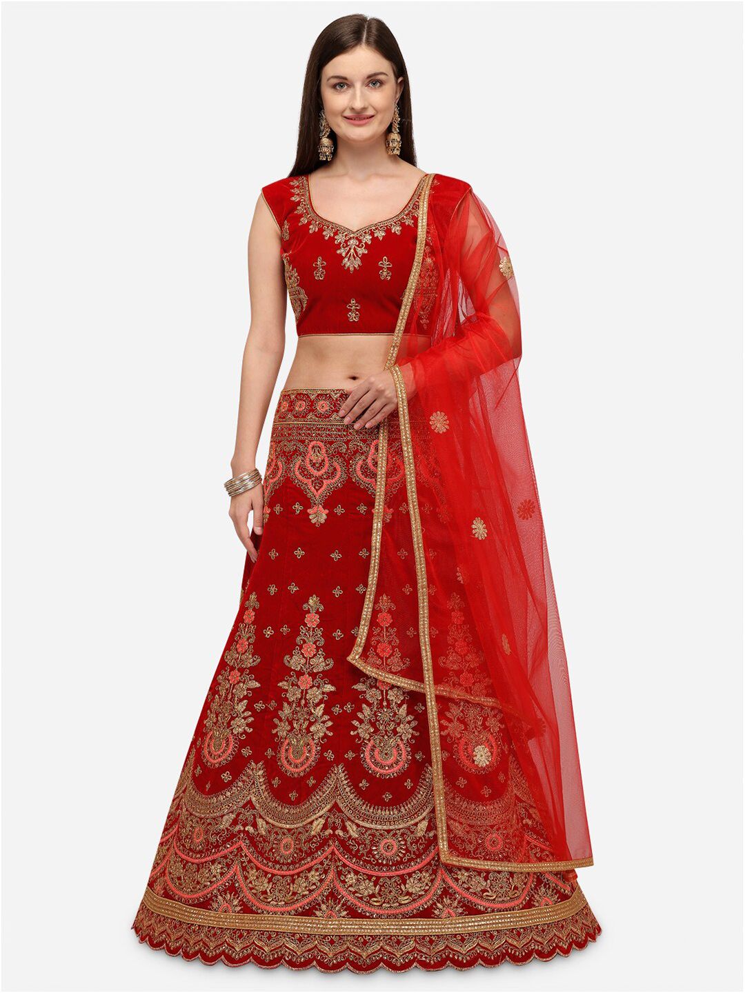 Rajesh Silk Mills Red & Gold-Toned Embroidered Semi-Stitched Lehenga Set Price in India