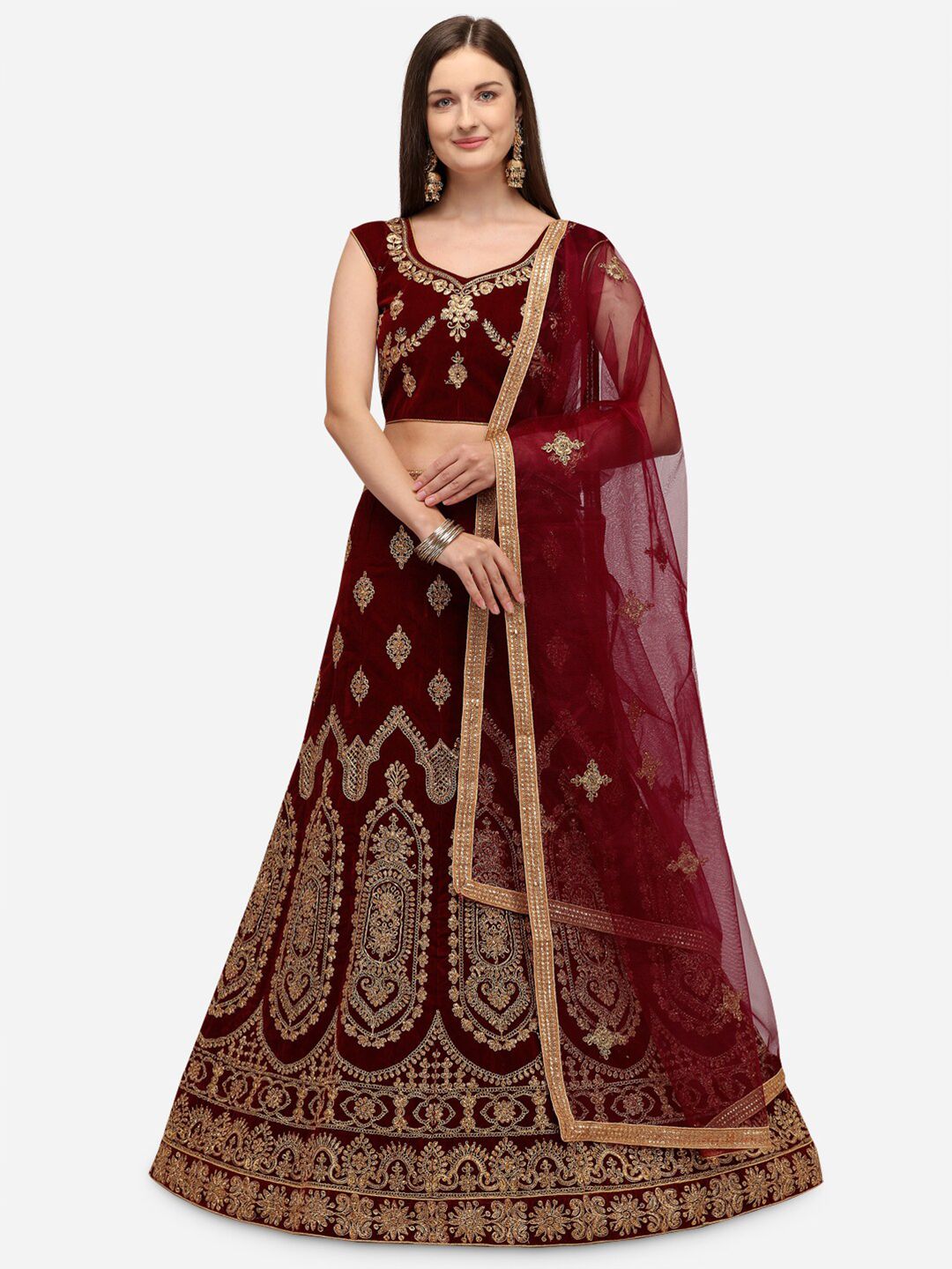 Rajesh Silk Mills Maroon & Gold-Toned Embroidered Semi-Stitched Lehenga & Unstitched Blouse With Dupatta Price in India