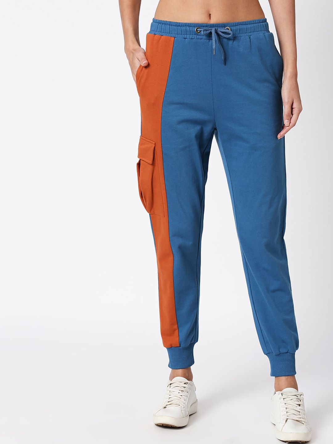 Bewakoof Women Blue & Orange Colourblocked Joggers Price in India