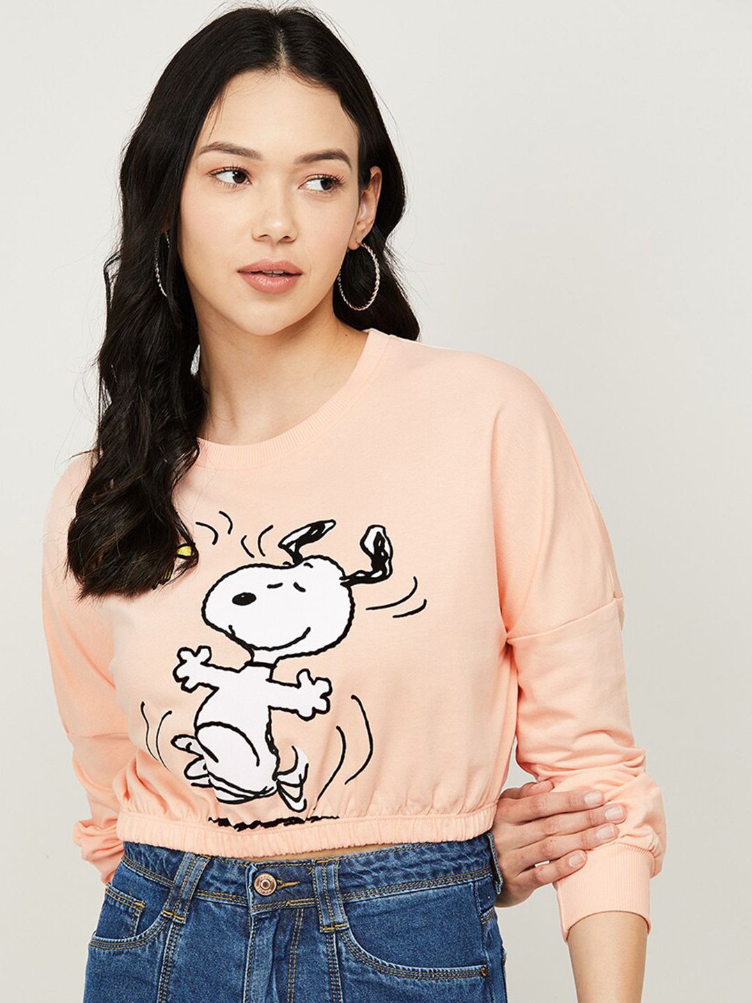 Ginger by Lifestyle Women Peach-Coloured Printed Crop Sweatshirt Price in India