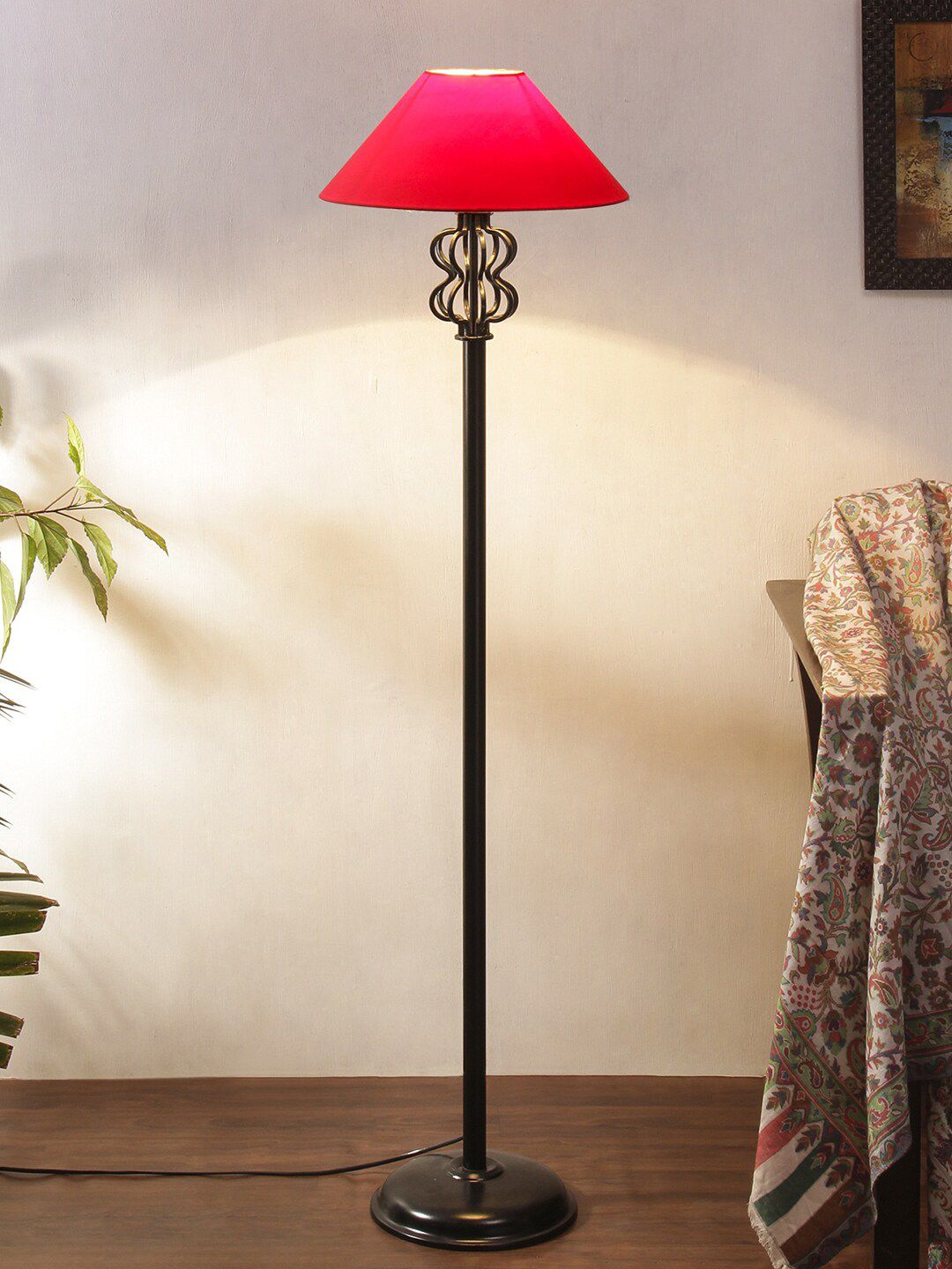 Devansh Red & Black Solid Cotton Shade Iron Floor Lamp Price in India