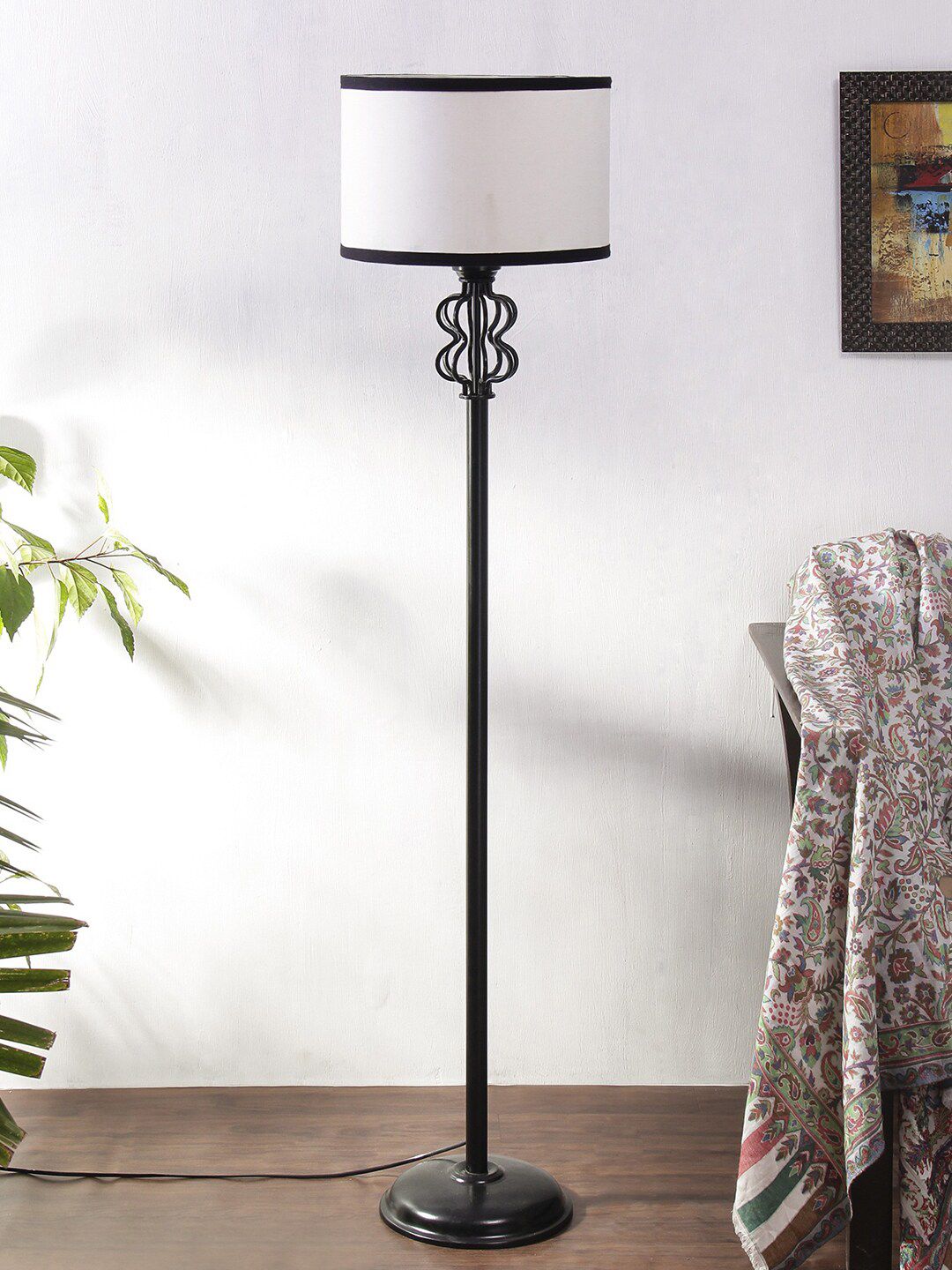 Devansh White & Black Solid Cotton Shade Iron Floor Lamp Price in India