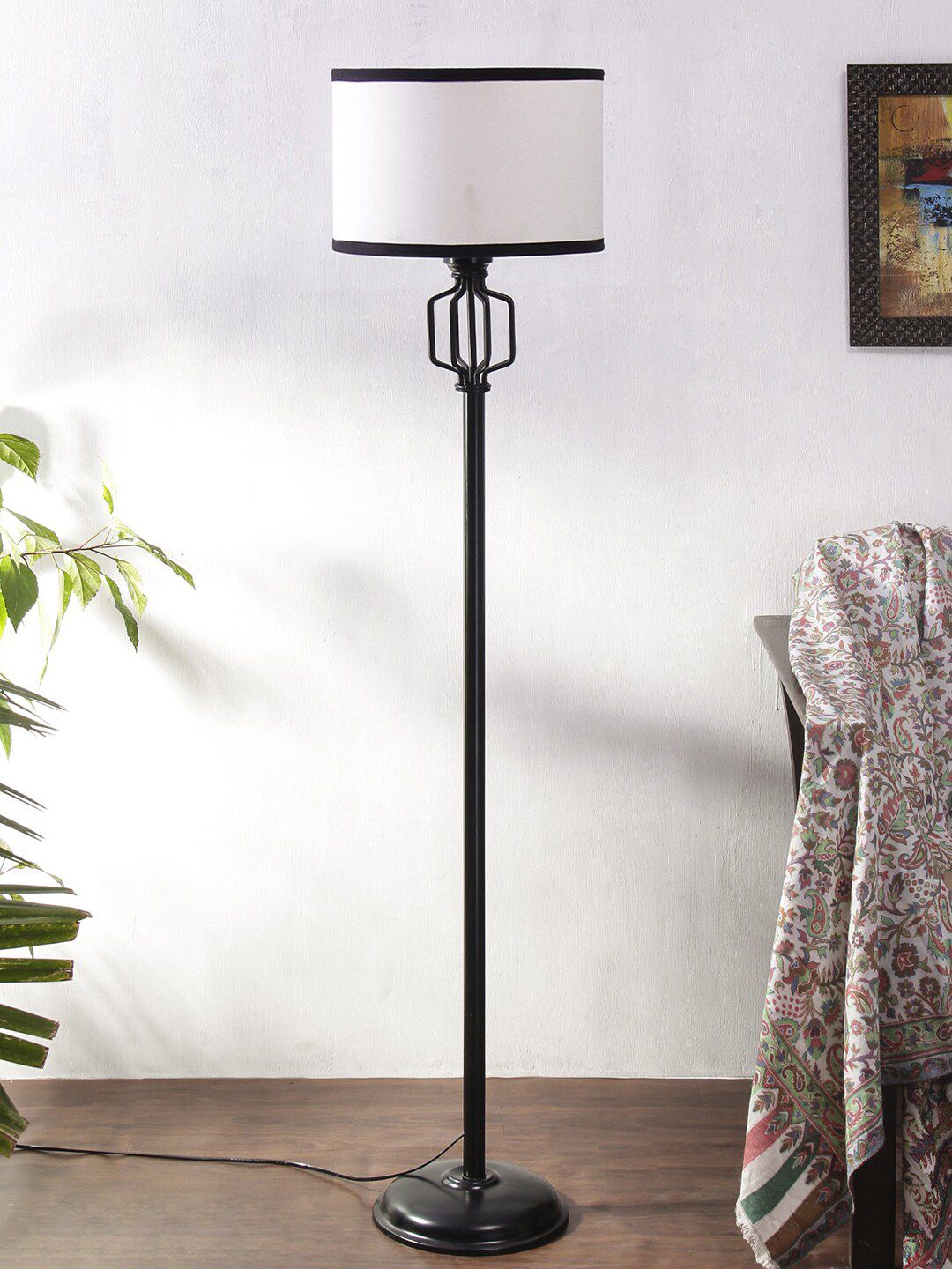 Devansh Off-White & Black Cylindrical Shaped Traditional Floor Lamp with Shade Price in India