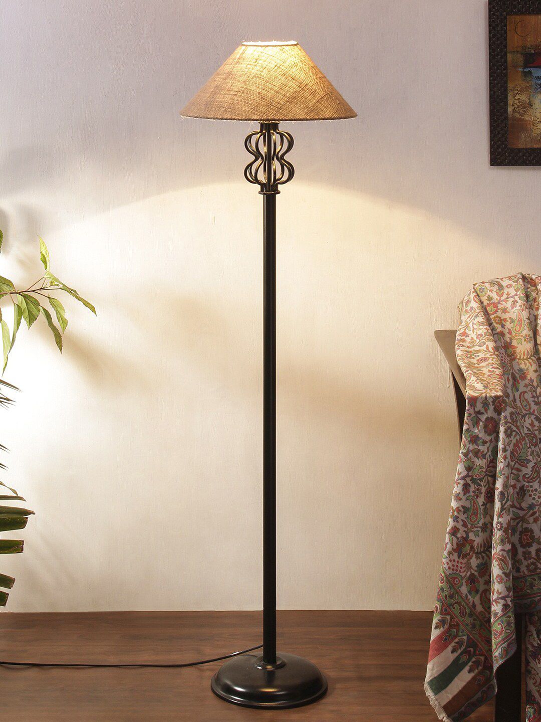 Devansh Beige & Black Solid Jute Shade Iron Floor Lamp Price in India
