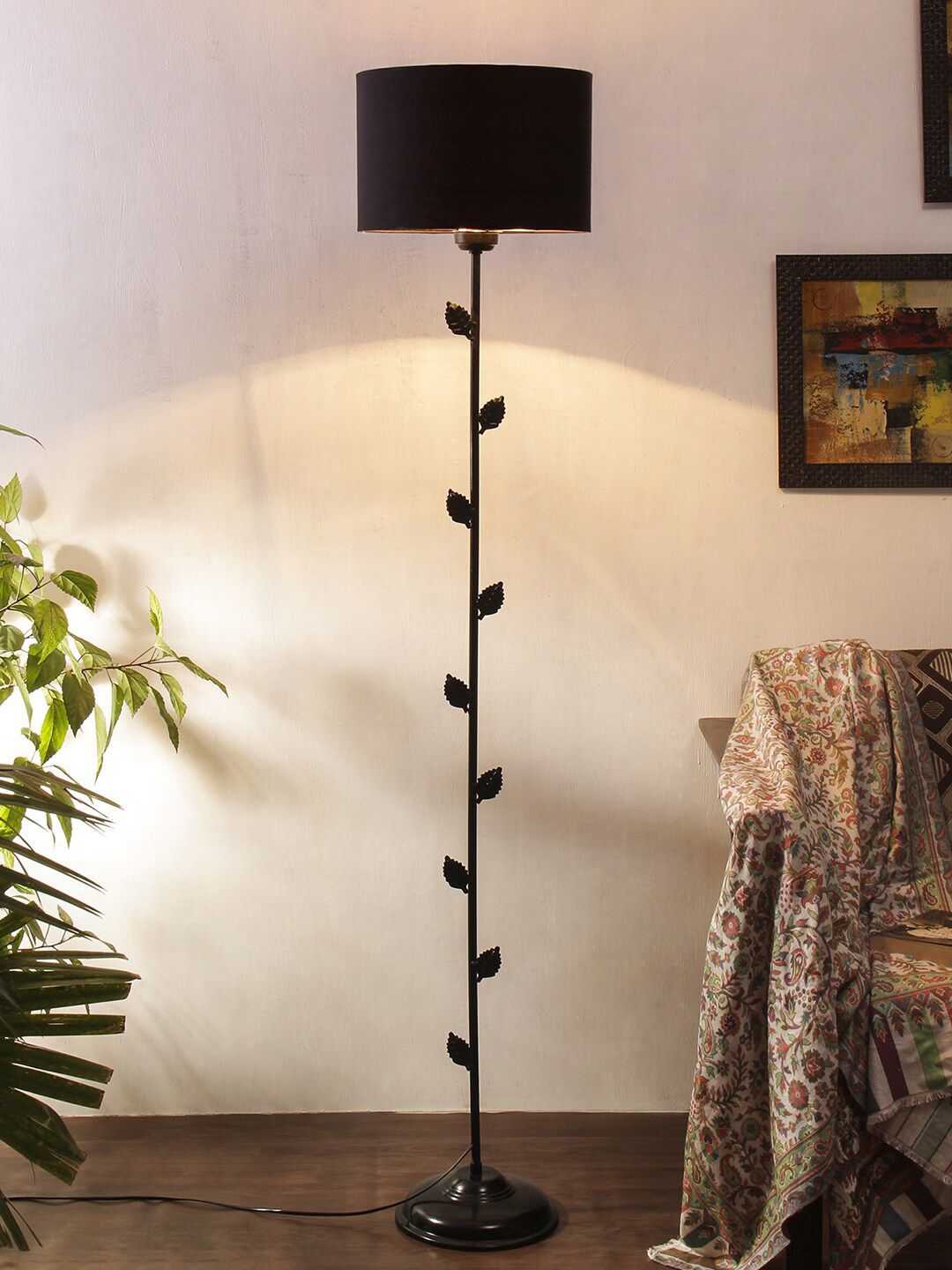 Devansh Black Solid Cylindrical Shaped Traditional Floor Lamp with Shade Price in India