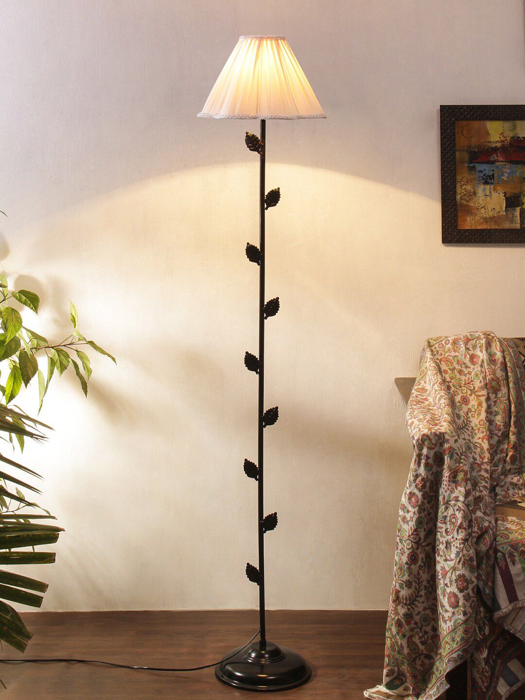 Devansh Off-White & Black Solid Cotton Shade Iron Floor Lamp Price in India