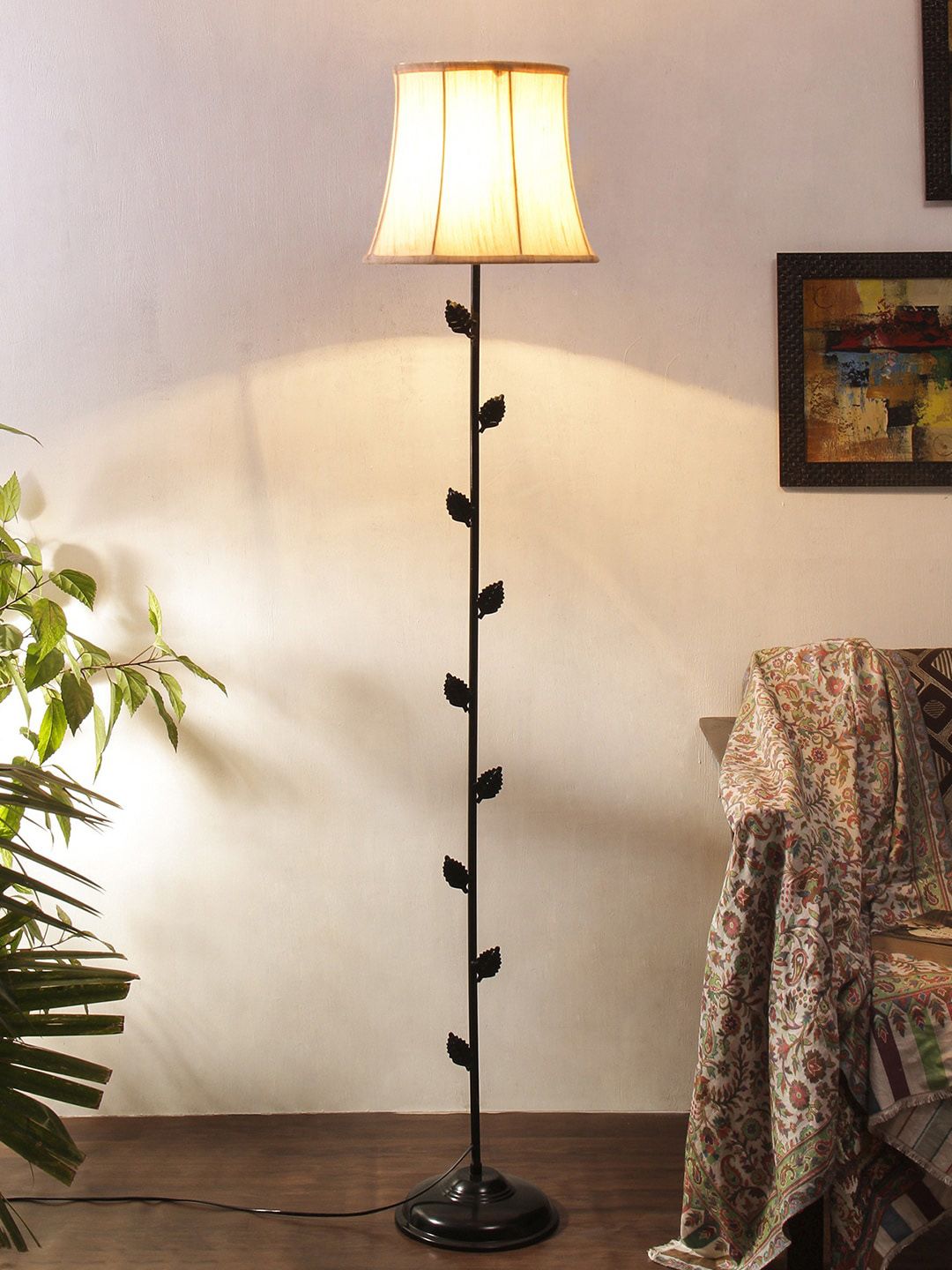 Devansh Off-White & Black Solid Cotton Shade Iron Floor Lamp Price in India