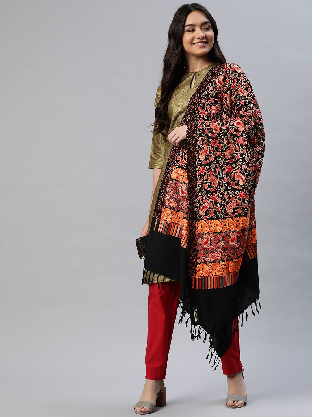 WEAVERS VILLA Women Black Printed Shawl Price in India