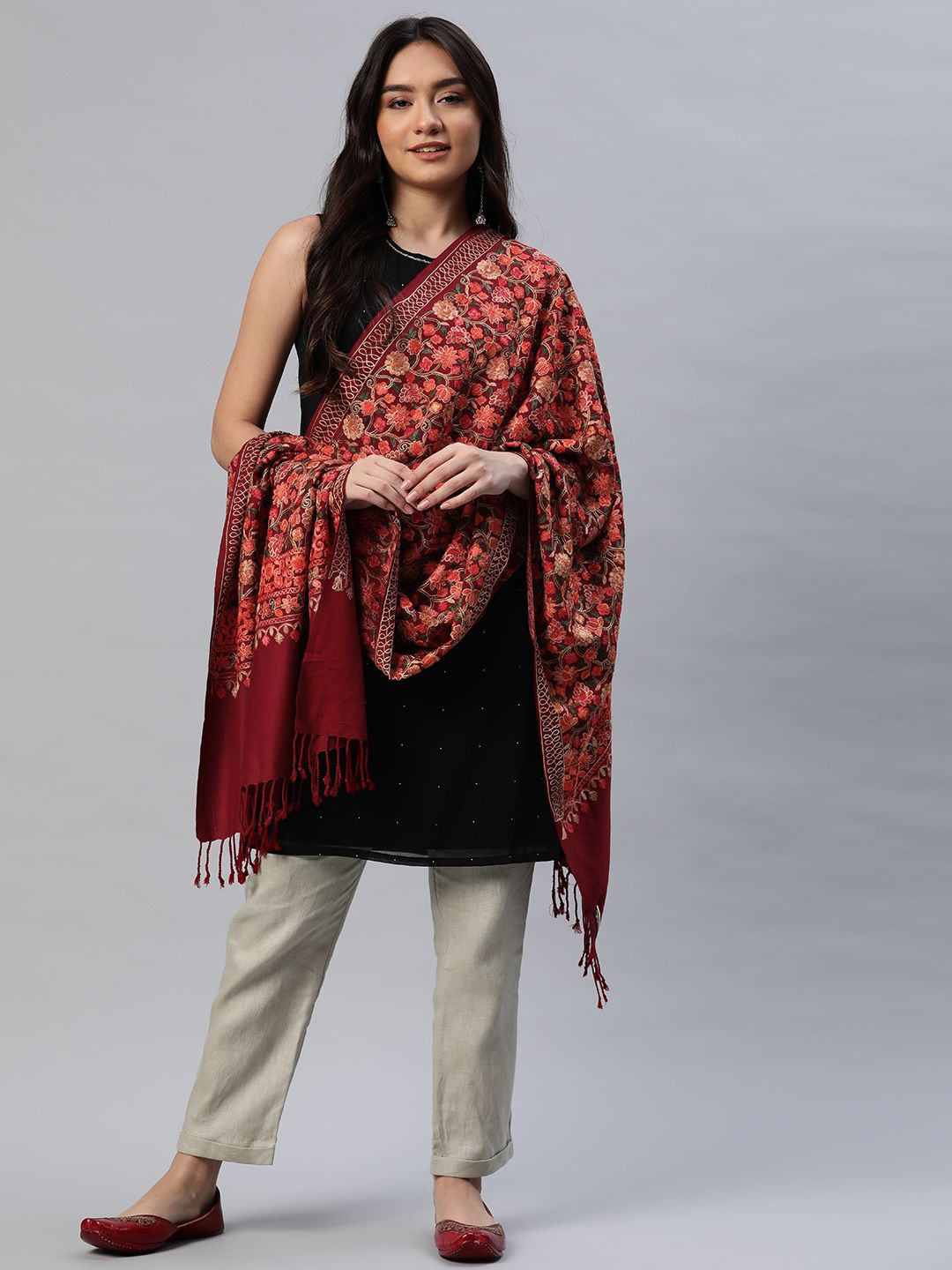 WEAVERS VILLA Women Maroon Printed Shawl Price in India