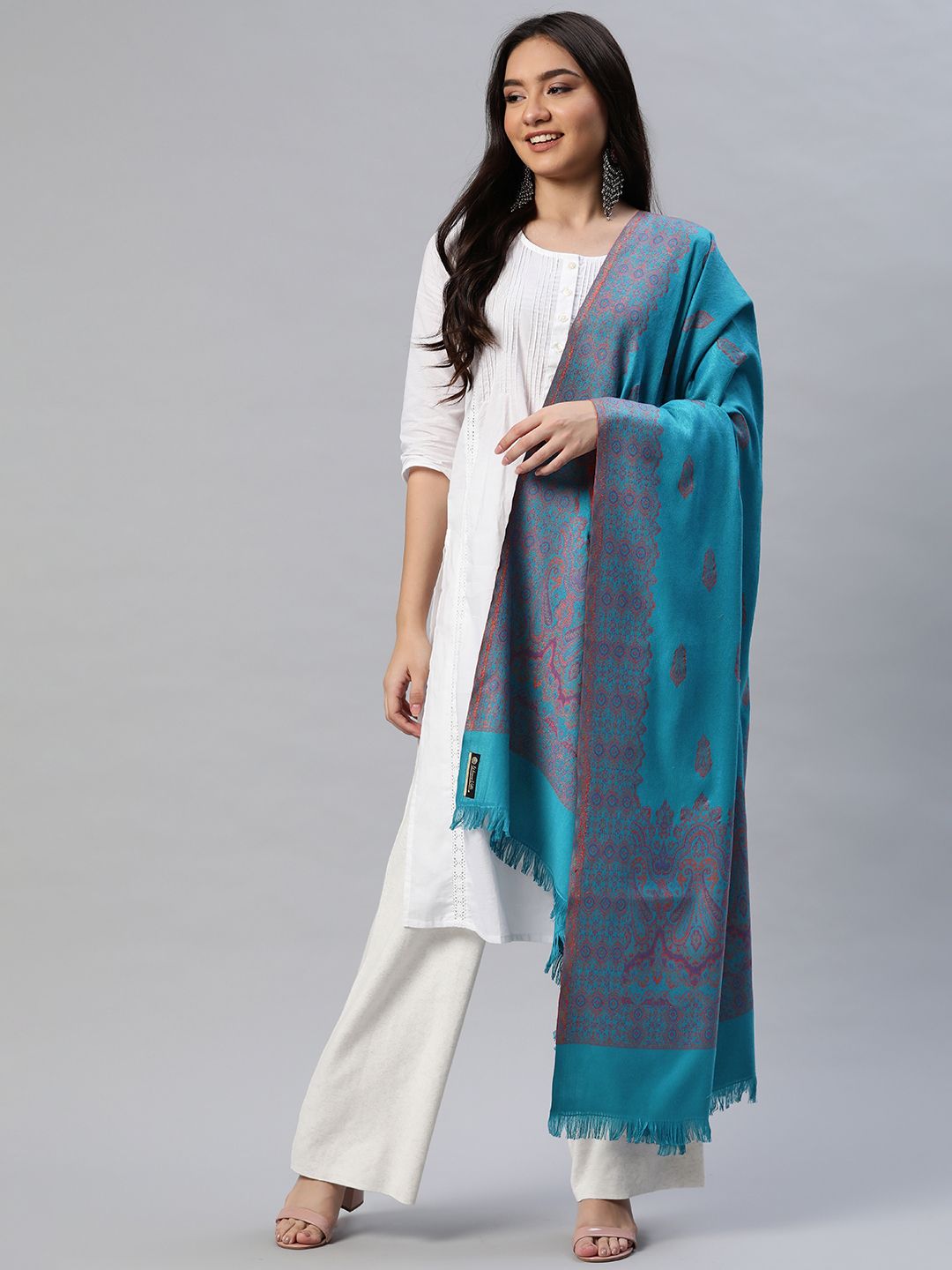 WEAVERS VILLA Women Blue Woven Design Shawl Price in India